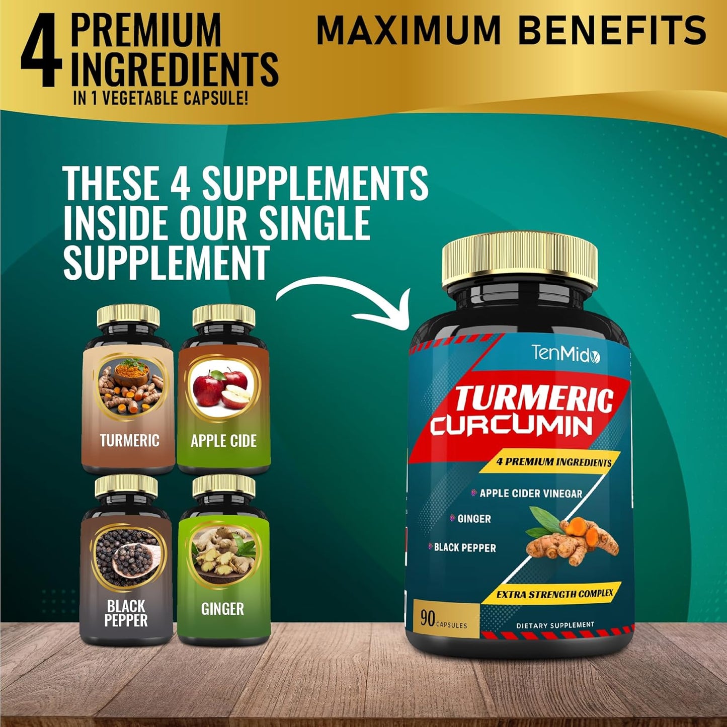 Tenmido Turmeric Curcumin Extract Capsules, 3 Months Supply, 95% Curcuminoids with Apple Cider, Ginger, Pepper - Improves Digestive, Immune Health
