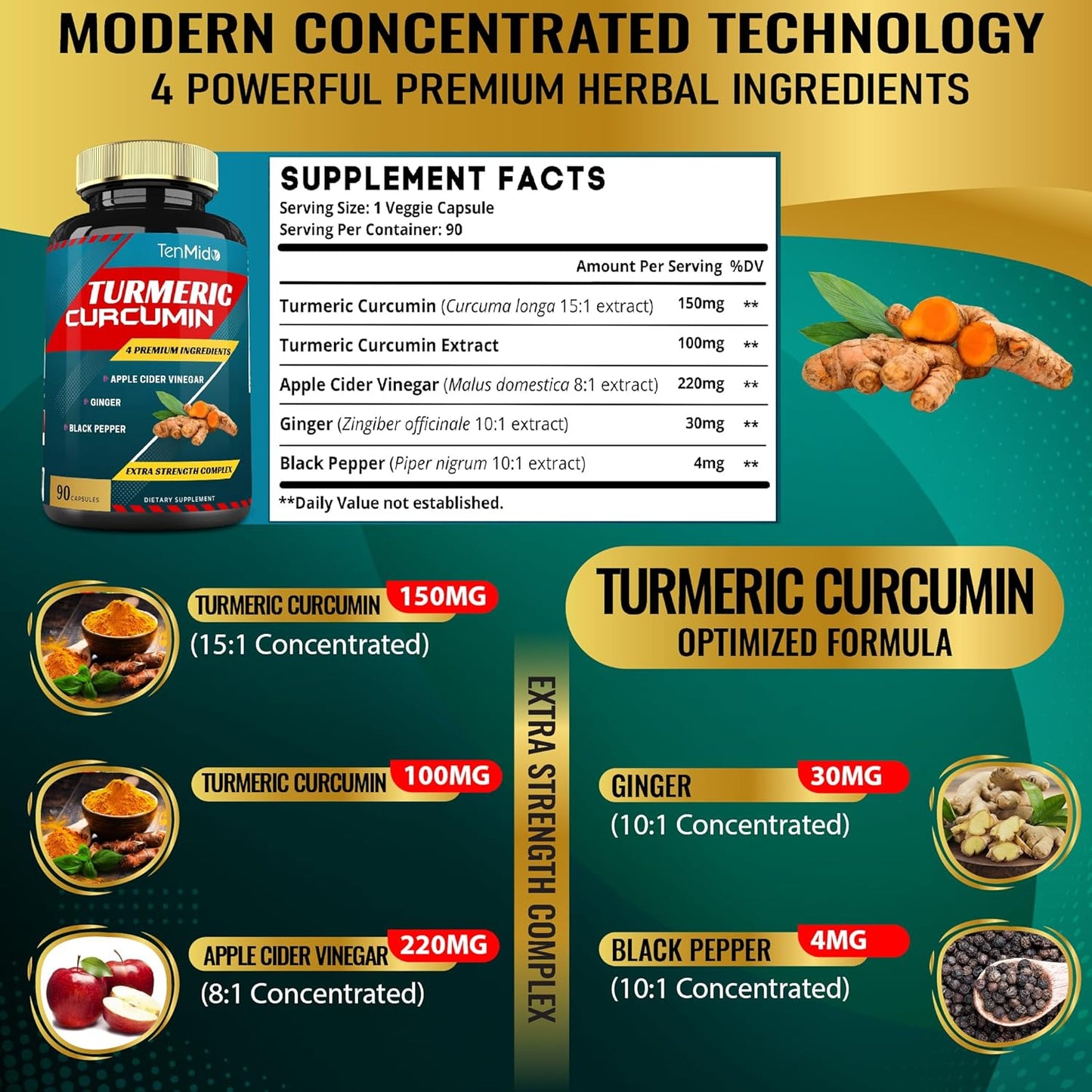 Tenmido Turmeric Curcumin Extract Capsules, 3 Months Supply, 95% Curcuminoids with Apple Cider, Ginger, Pepper - Improves Digestive, Immune Health