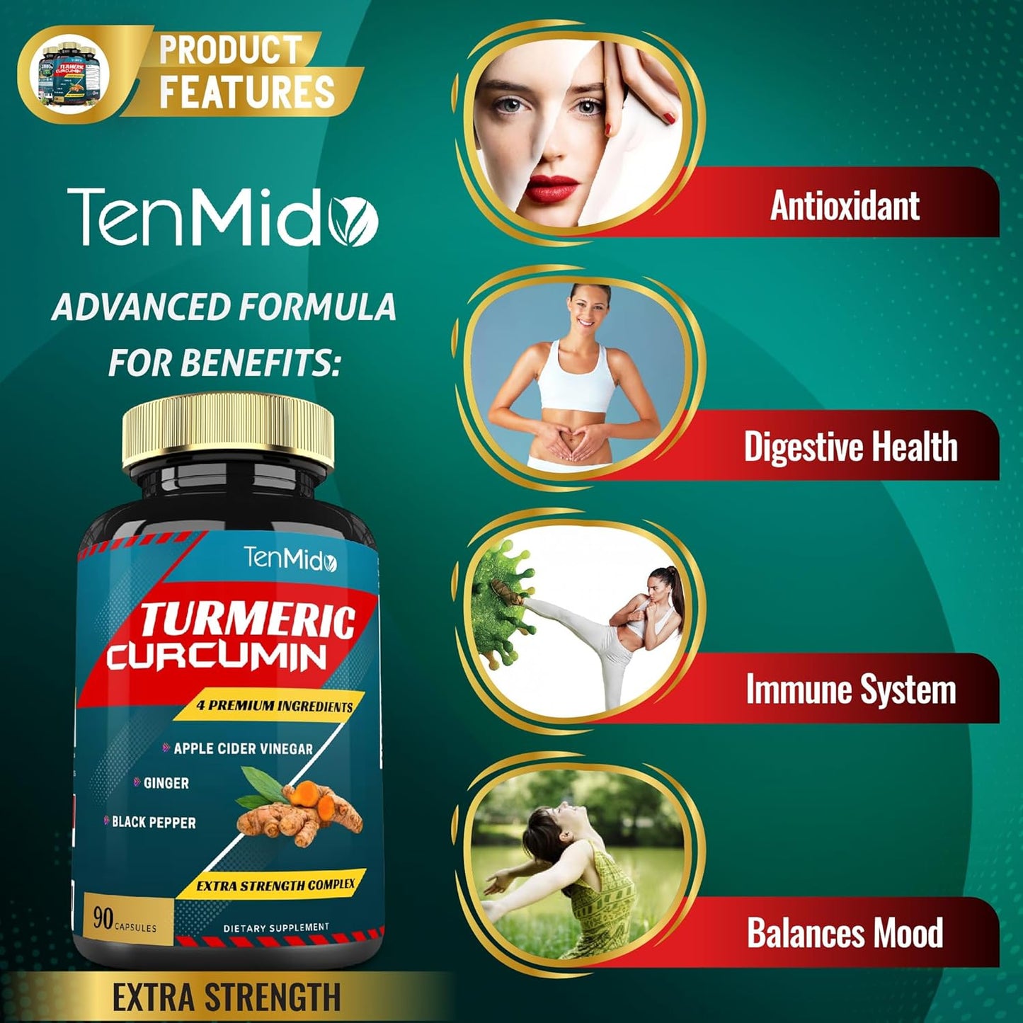 Tenmido Turmeric Curcumin Extract Capsules, 3 Months Supply, 95% Curcuminoids with Apple Cider, Ginger, Pepper - Improves Digestive, Immune Health