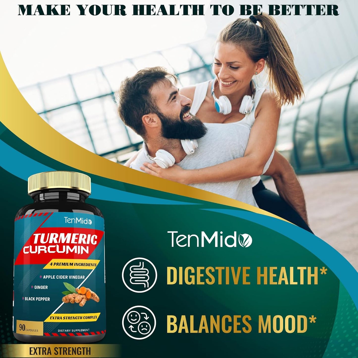Tenmido Turmeric Curcumin Extract Capsules, 3 Months Supply, 95% Curcuminoids with Apple Cider, Ginger, Pepper - Improves Digestive, Immune Health