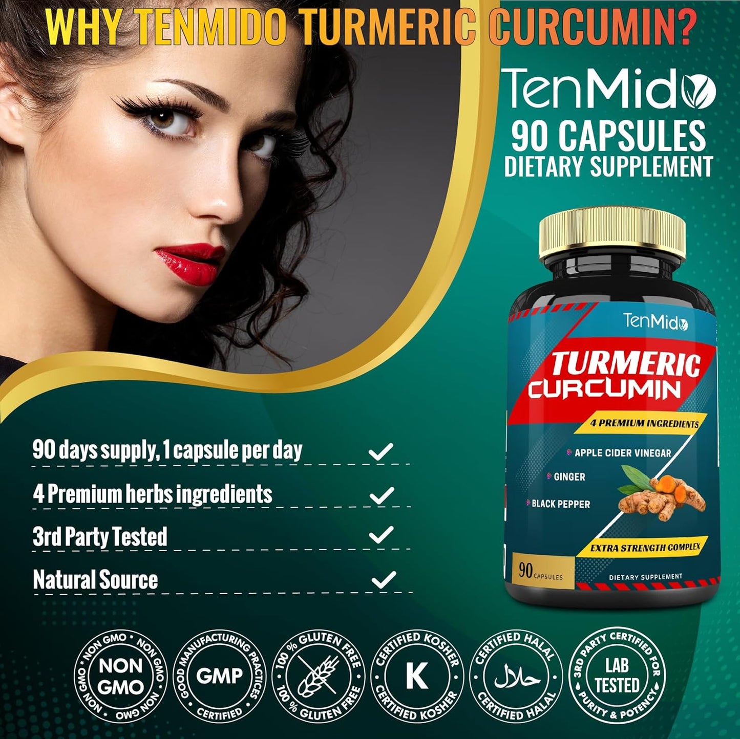 Tenmido Turmeric Curcumin Extract Capsules, 3 Months Supply, 95% Curcuminoids with Apple Cider, Ginger, Pepper - Improves Digestive, Immune Health