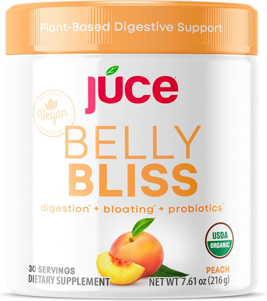 Terra Kai Organics Júce Belly Bliss Peachy Greens Powder - Probiotics + Greens, 30 Servings, Bloating Support & Digestive Enzymes