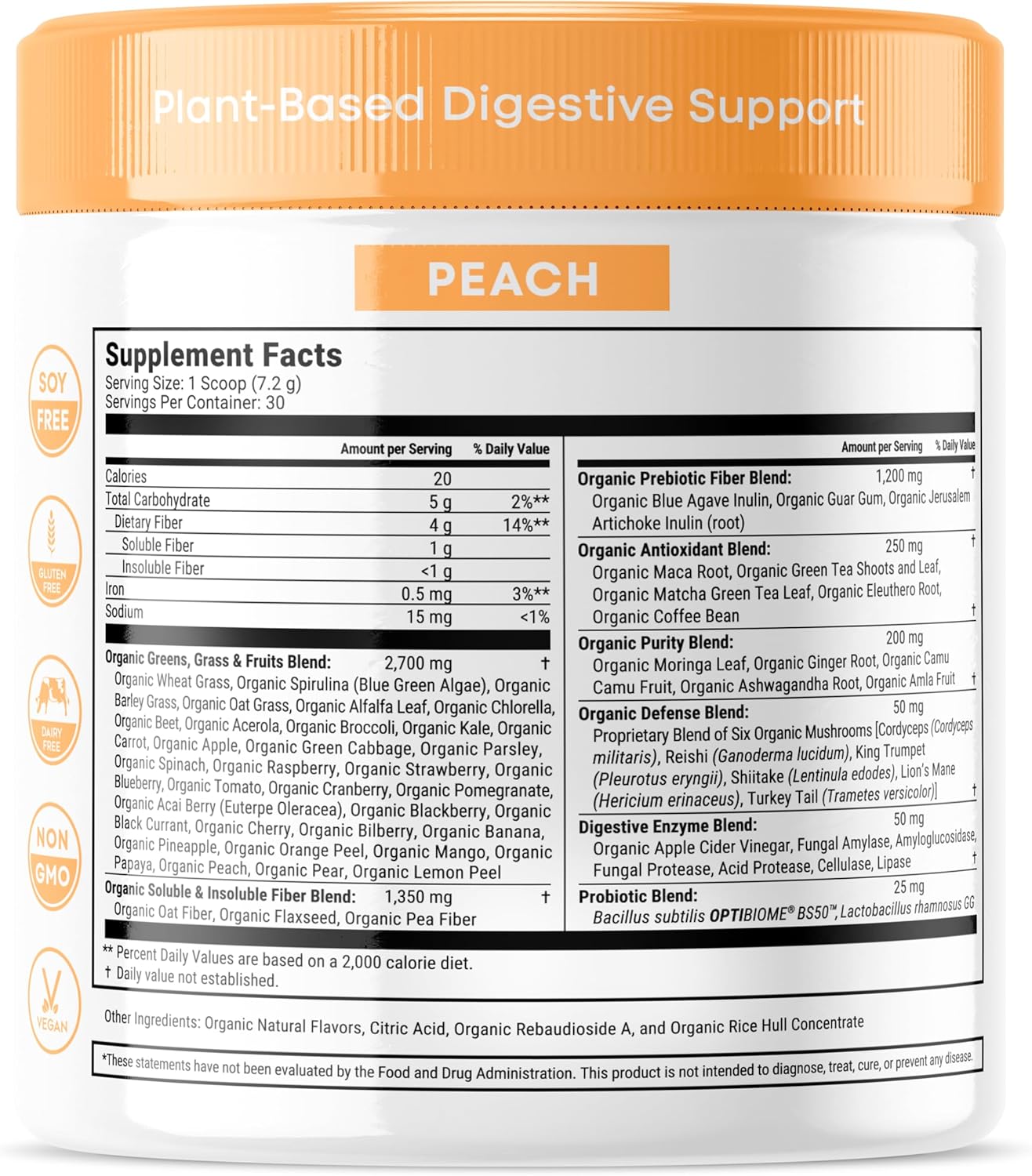 Terra Kai Organics Júce Belly Bliss Peachy Greens Powder - Probiotics + Greens, 30 Servings, Bloating Support & Digestive Enzymes