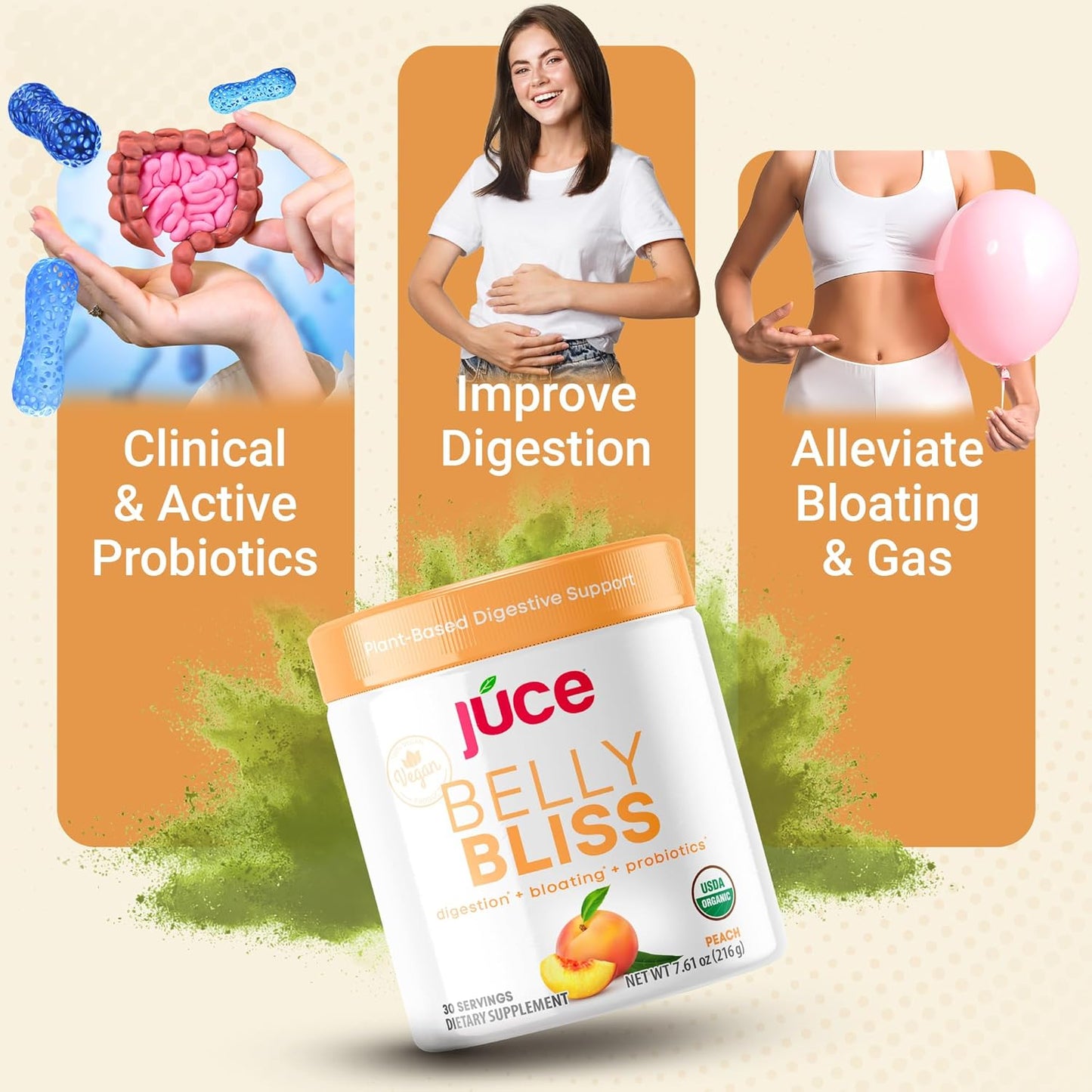 Terra Kai Organics Júce Belly Bliss Peachy Greens Powder - Probiotics + Greens, 30 Servings, Bloating Support & Digestive Enzymes