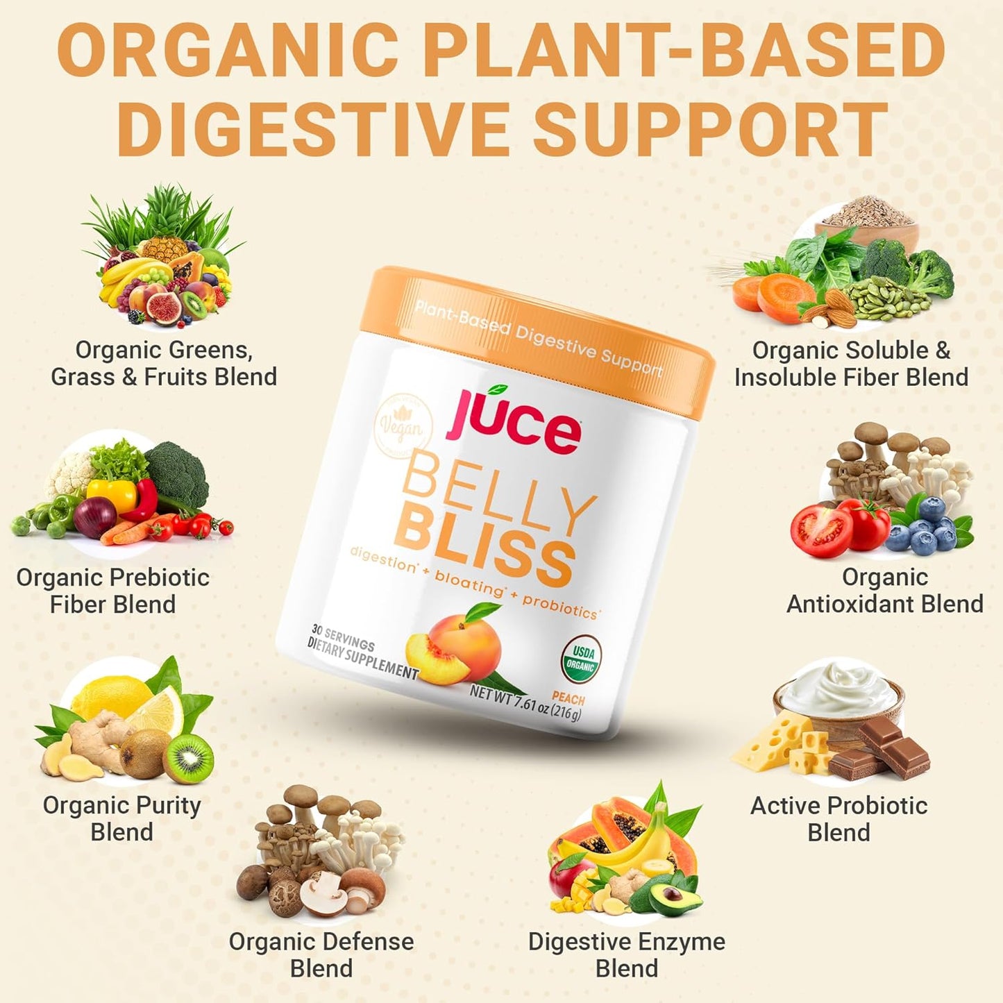 Terra Kai Organics Júce Belly Bliss Peachy Greens Powder - Probiotics + Greens, 30 Servings, Bloating Support & Digestive Enzymes