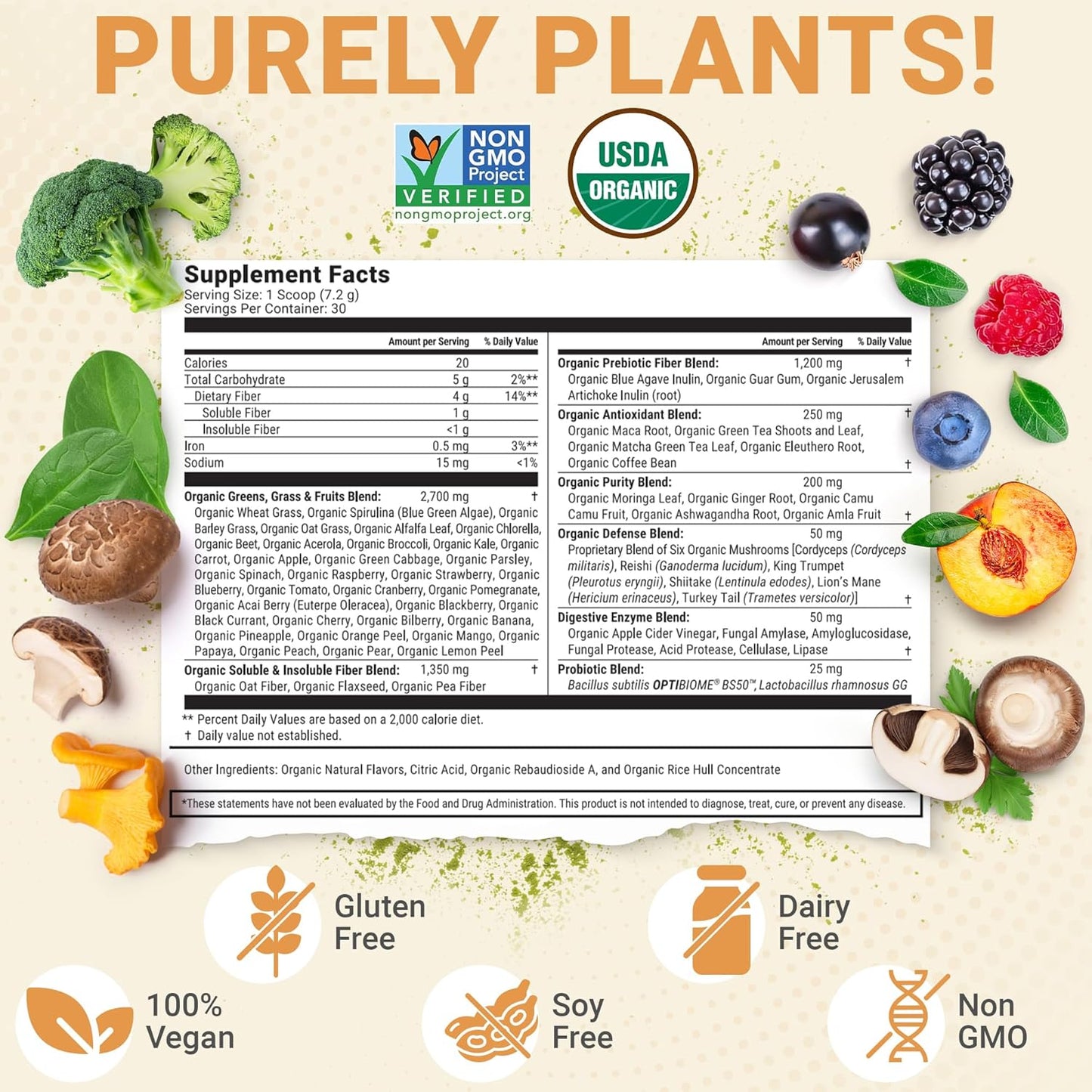 Terra Kai Organics Júce Belly Bliss Peachy Greens Powder - Probiotics + Greens, 30 Servings, Bloating Support & Digestive Enzymes