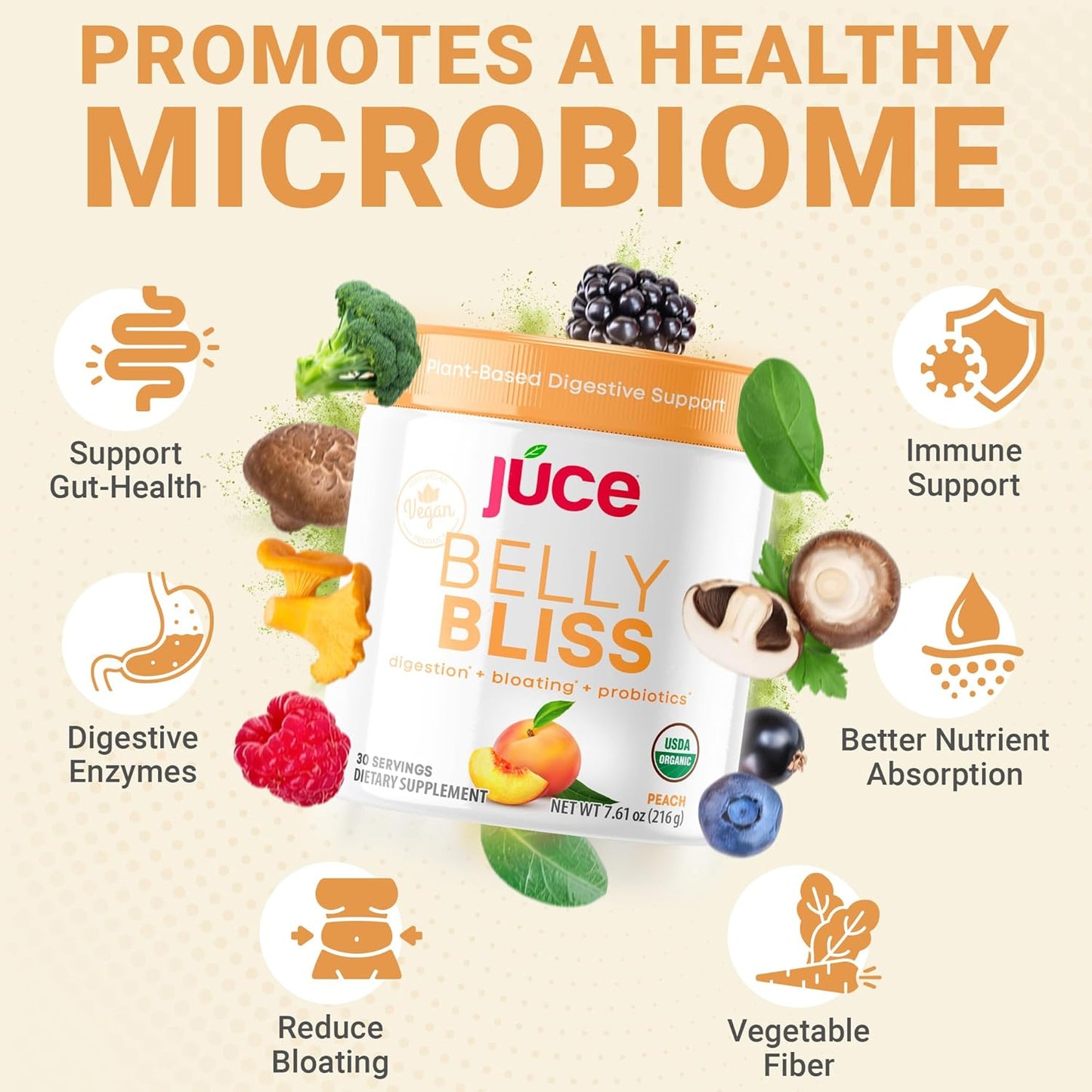 Terra Kai Organics Júce Belly Bliss Peachy Greens Powder - Probiotics + Greens, 30 Servings, Bloating Support & Digestive Enzymes