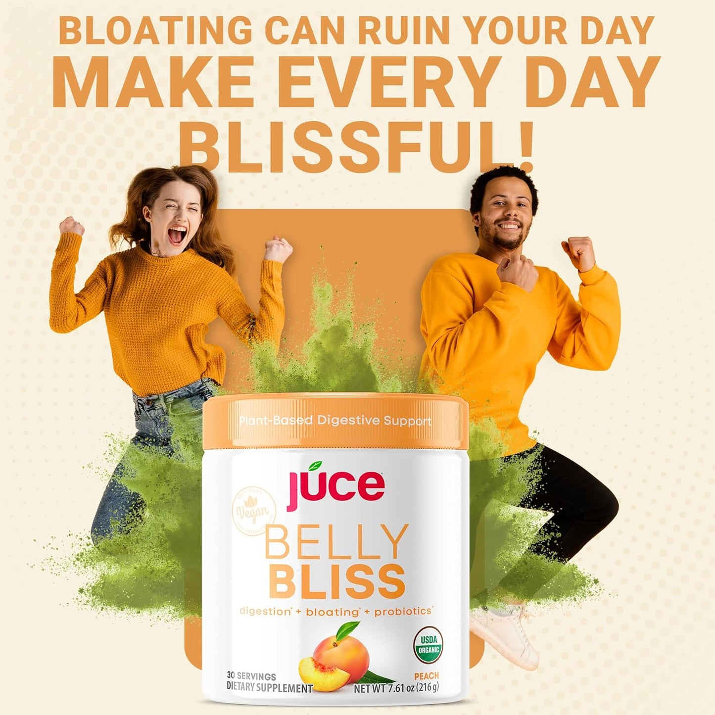 Terra Kai Organics Júce Belly Bliss Peachy Greens Powder - Probiotics + Greens, 30 Servings, Bloating Support & Digestive Enzymes