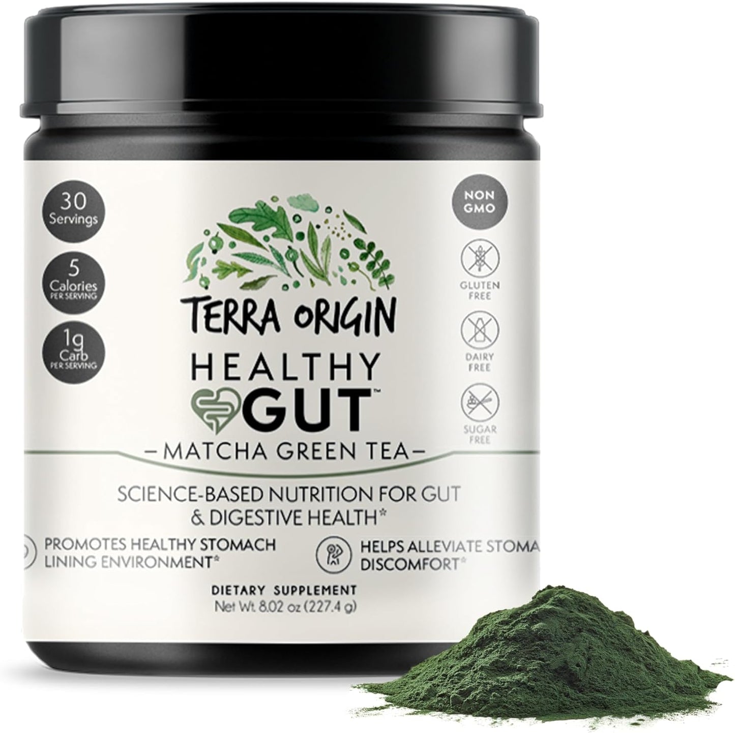 TERRA ORIGIN Gut Health Matcha Green Tea Blend | 30 Servings with L-Glutamine, Zinc, Glucosamine, Slippery Elm Bark