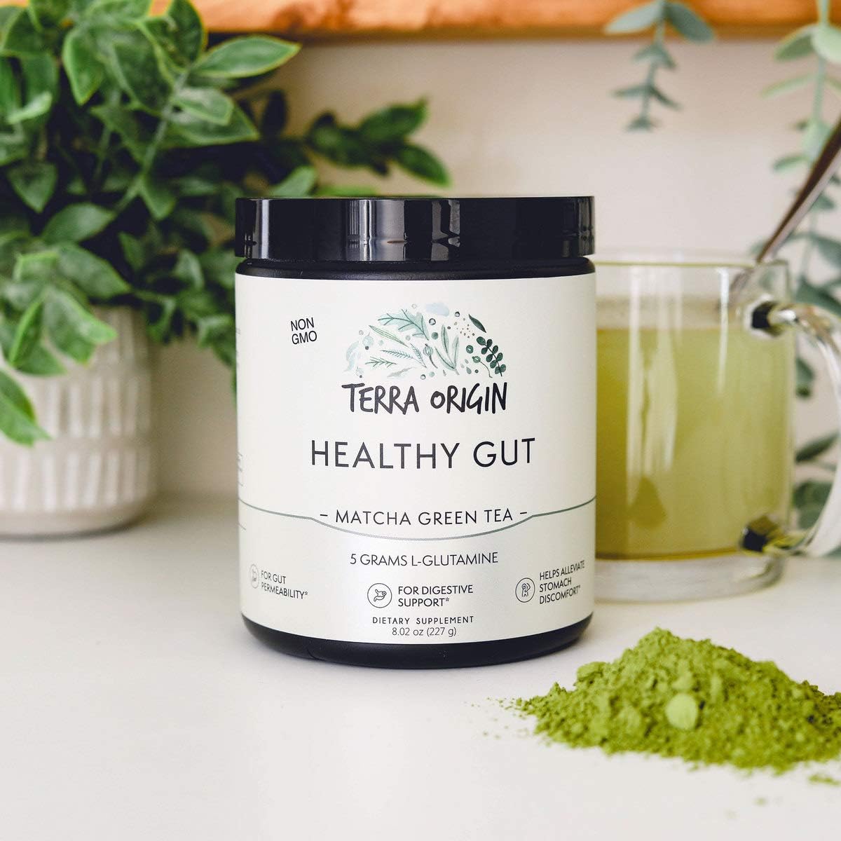 TERRA ORIGIN Gut Health Matcha Green Tea Blend | 30 Servings with L-Glutamine, Zinc, Glucosamine, Slippery Elm Bark