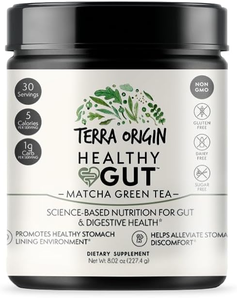 TERRA ORIGIN Gut Health Matcha Green Tea Blend | 30 Servings with L-Glutamine, Zinc, Glucosamine, Slippery Elm Bark