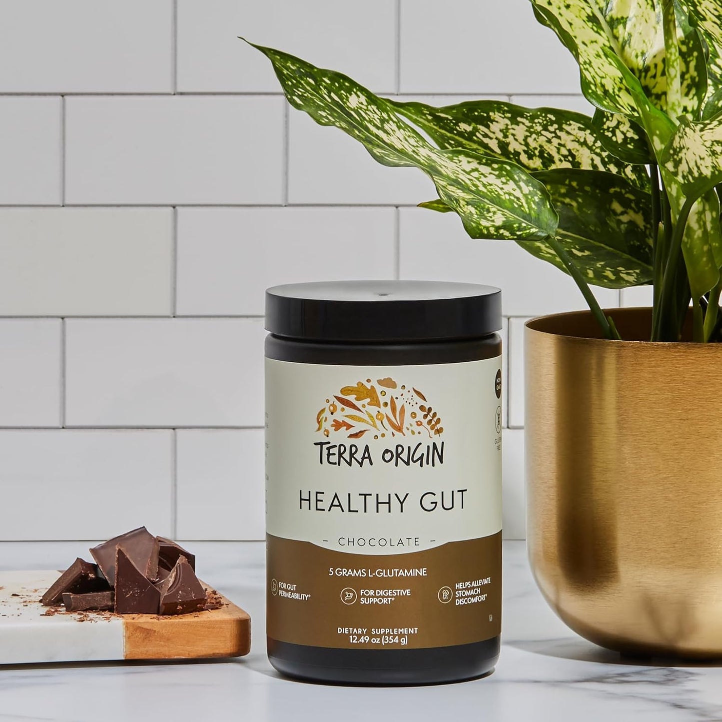 TERRA ORIGIN Healthy Gut Chocolate Supplement - 30 Servings with L-Glutamine, Zinc, Glucosamine, Slippery Elm Bark, and Marshmallow Root