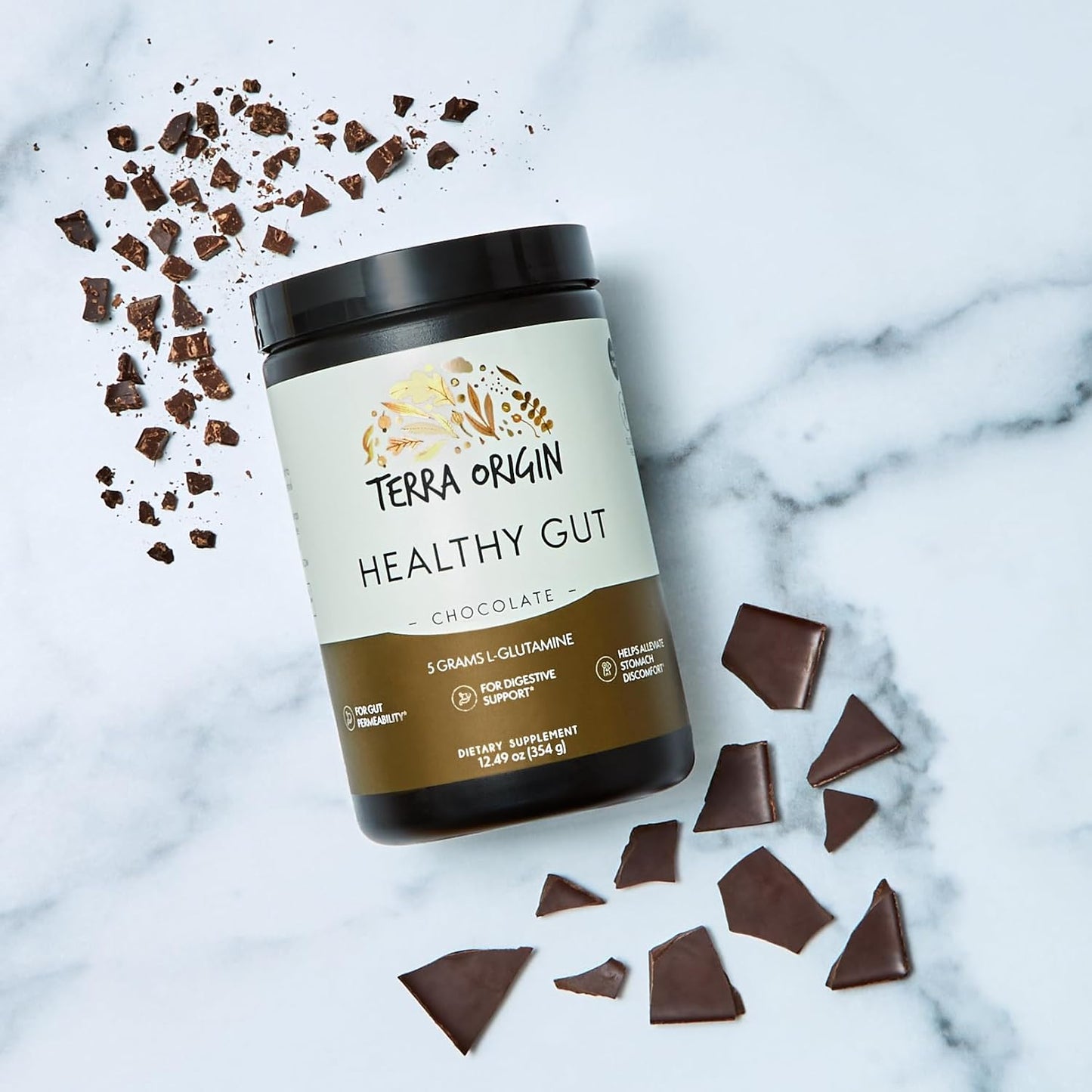 TERRA ORIGIN Healthy Gut Chocolate Supplement - 30 Servings with L-Glutamine, Zinc, Glucosamine, Slippery Elm Bark, and Marshmallow Root