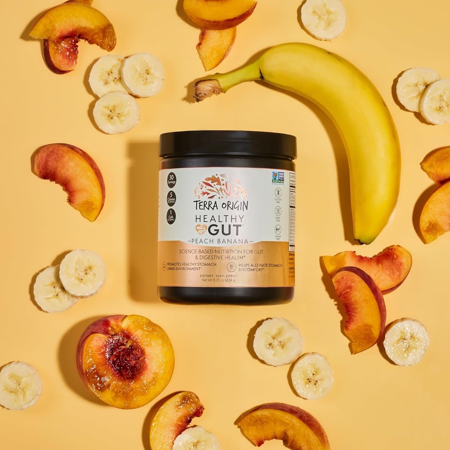 TERRA ORIGIN Healthy Gut Peach Banana Supplement - 30 Servings with L-Glutamine, Zinc, Glucosamine, Slippery Elm Bark, Marshmallow Root & More
