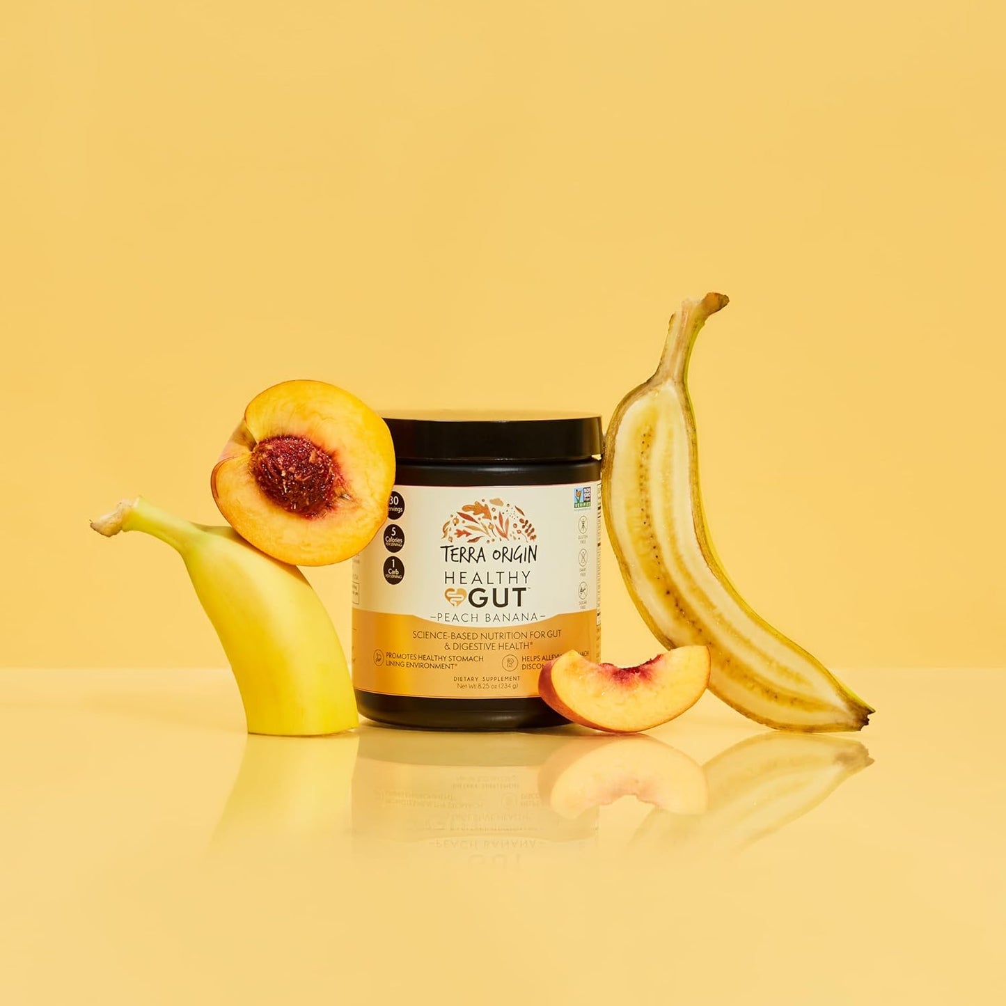 TERRA ORIGIN Healthy Gut Peach Banana Supplement - 30 Servings with L-Glutamine, Zinc, Glucosamine, Slippery Elm Bark, Marshmallow Root & More