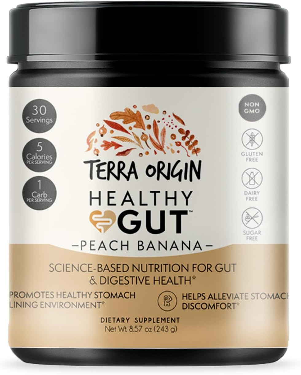 TERRA ORIGIN Healthy Gut Peach Banana Supplement - 30 Servings with L-Glutamine, Zinc, Glucosamine, Slippery Elm Bark, Marshmallow Root & More