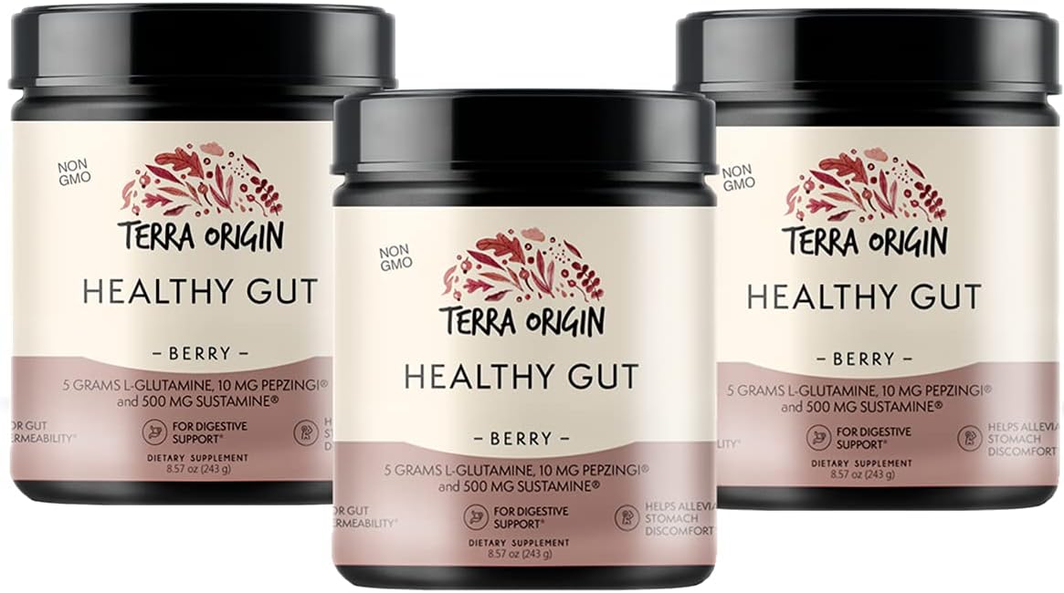 TERRA ORIGIN Healthy Gut Supplement 3-Pack | 90 Servings Berry Flavor with L-Glutamine, Zinc, Glucosamine, Slippery Elm Bark, Marshmallow Root