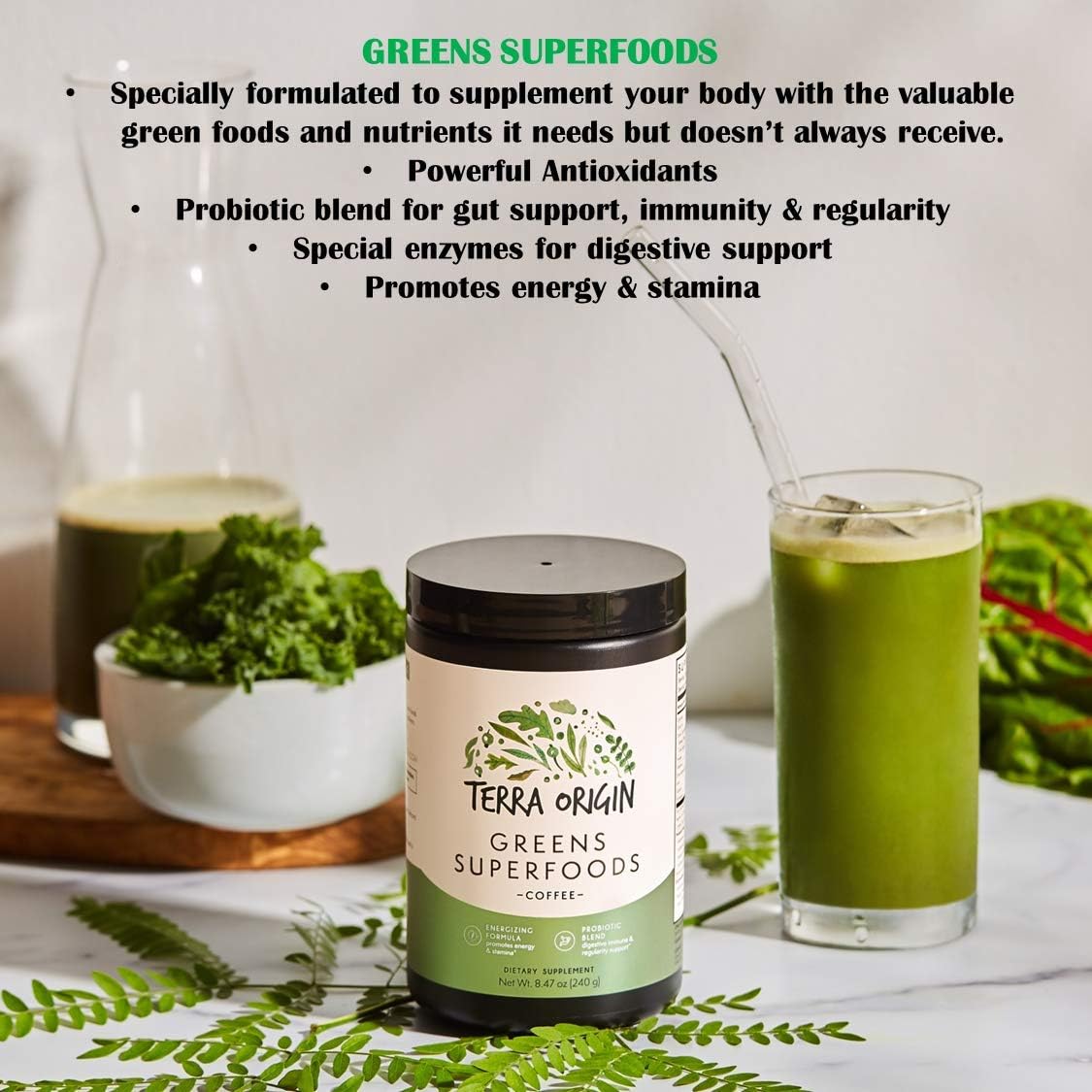 TERRA ORIGIN Superfoods Greens Immune Support with Probiotics, Organic Vegetables, and Digestive Enzymes - 30 Servings