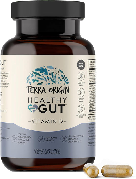 TERRA ORIGIN Vitamin D 5000 IU Gut Health Supplements - 60 Capsules for Men and Women, Digestion and Gas Support