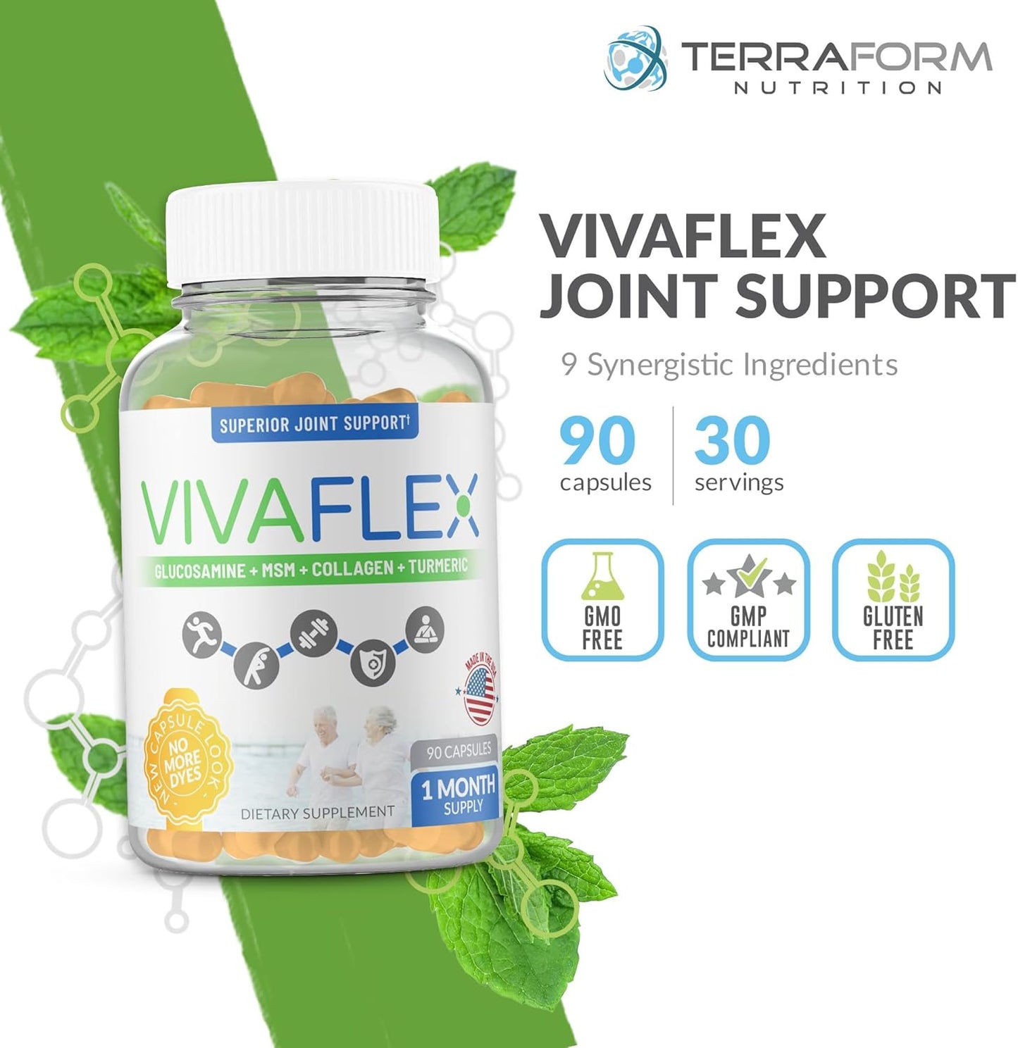 TerraForm Nutrition VivaFlex Joint Support Supplement with 9 Premium Ingredients - 30 Day Supply