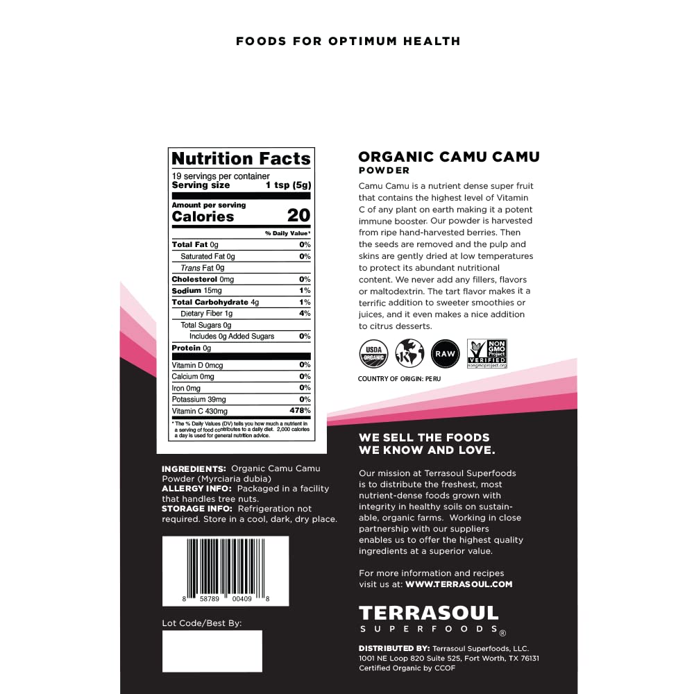 Terrasoul Superfoods Organic Camu Camu Powder - 3.5 Oz Amazonian Superfruit for Immune Support and Antioxidant-Rich Recipes