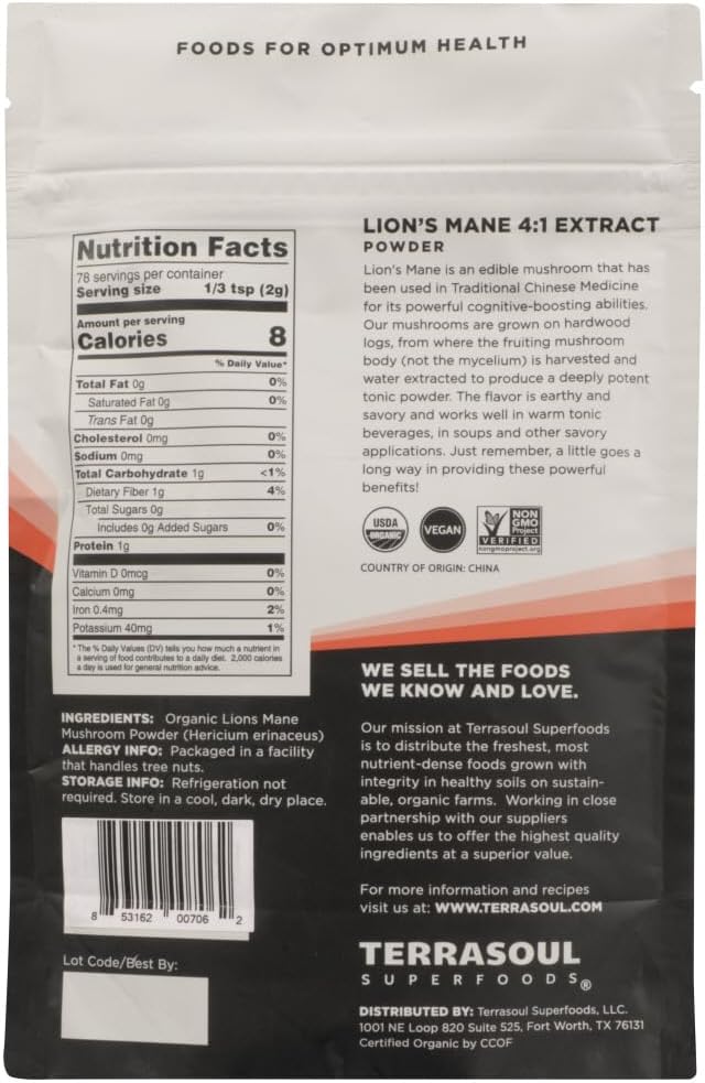 Terrasoul Superfoods Organic Lion's Mane Mushroom Powder Extract - 22 Ounces