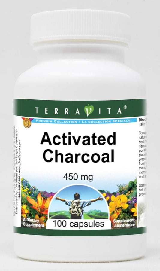 Terravita Activated Charcoal Capsules - 450mg (100 Count, ZIN: 510652) - Pack of 3
