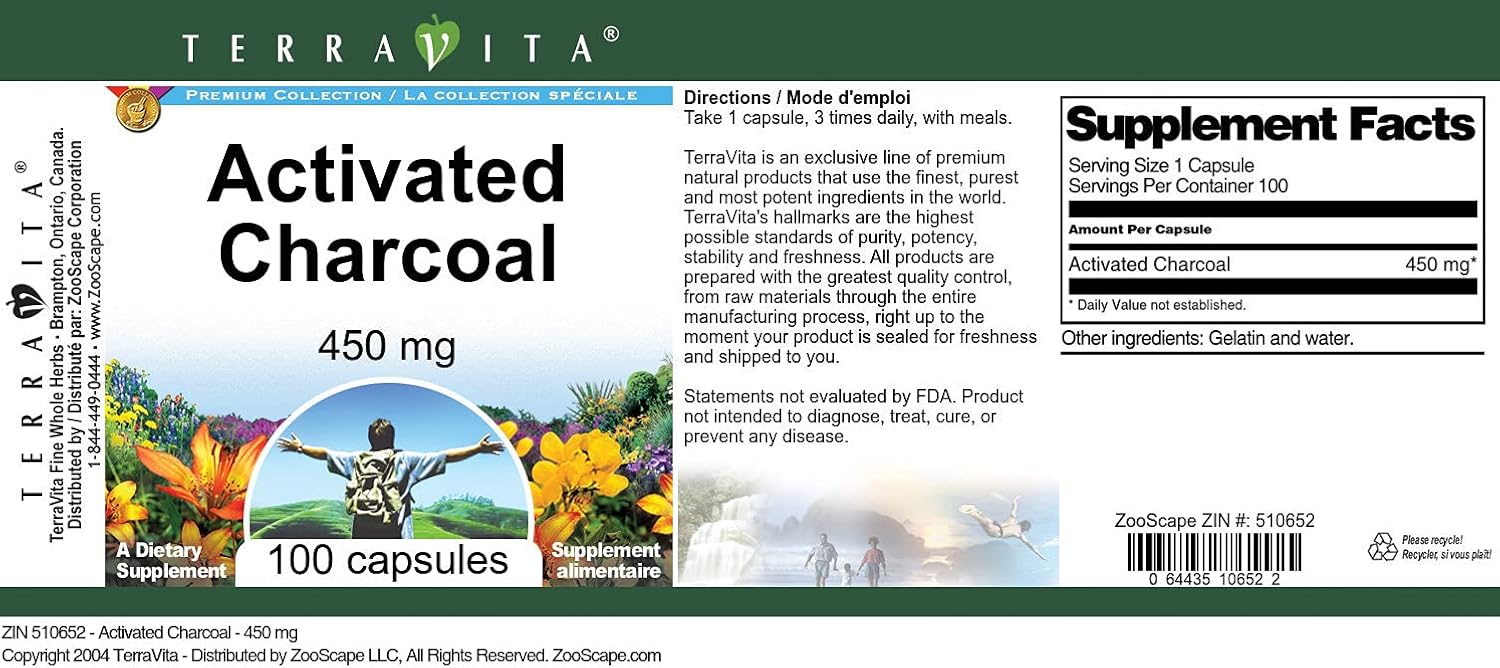 Terravita Activated Charcoal Capsules - 450mg (100 Count, ZIN: 510652) - Pack of 3
