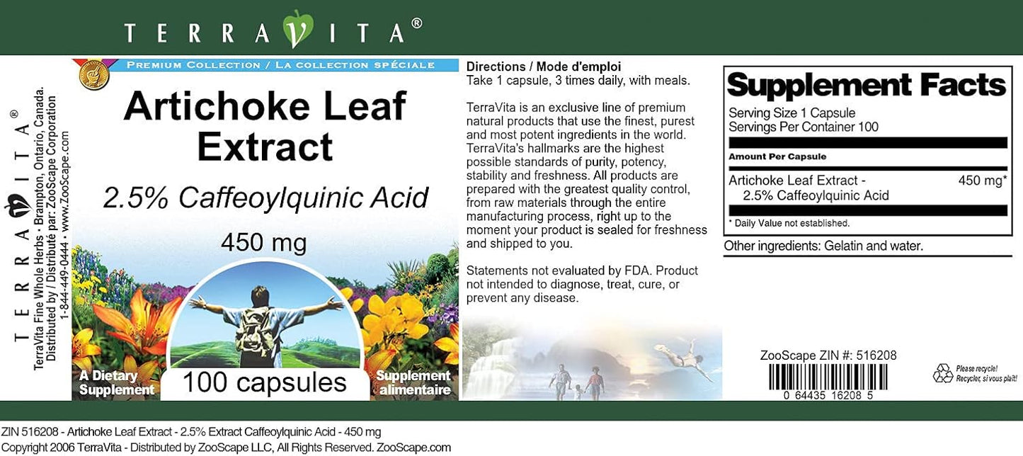 Terravita Artichoke Leaf Extract Capsules - High Caffeoylquinic Acid - 900 mg Total - 100 Capsules x 2 Pack
