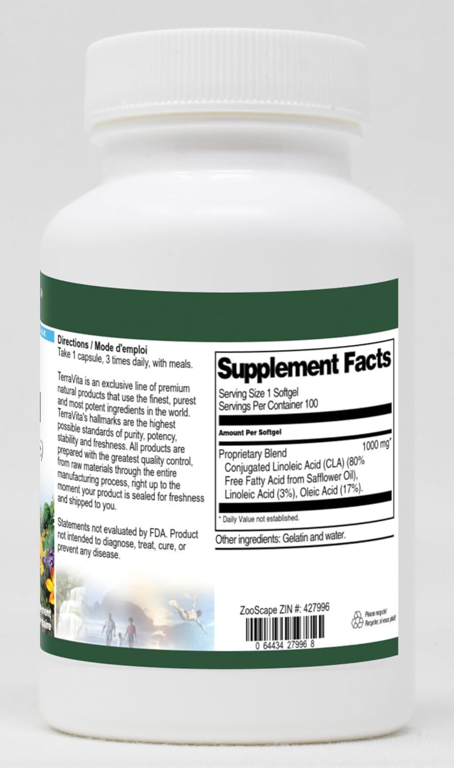 Terravita CLA Free Fatty Acid Softgels 1000 mg - 2 Pack - 100 Count - 80% Concentration - ZIN: 427996
