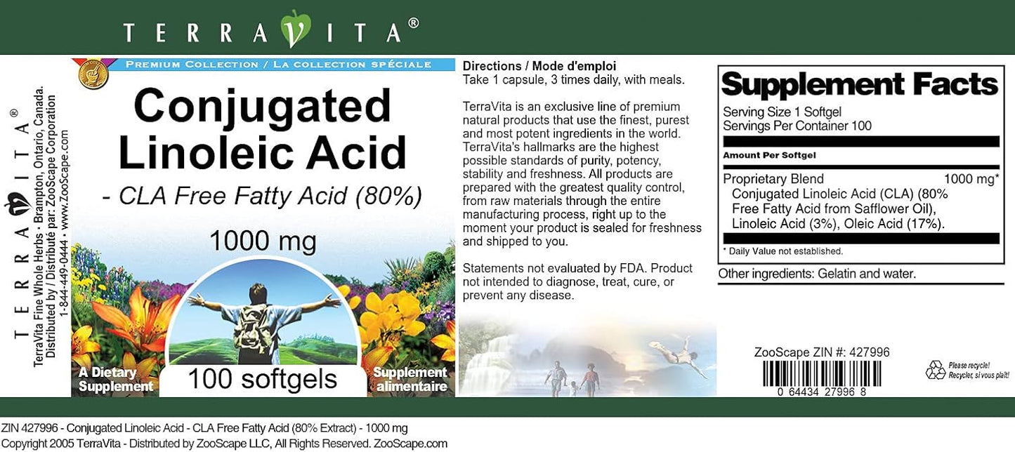 Terravita CLA Free Fatty Acid Softgels 1000 mg - 2 Pack - 100 Count - 80% Concentration - ZIN: 427996