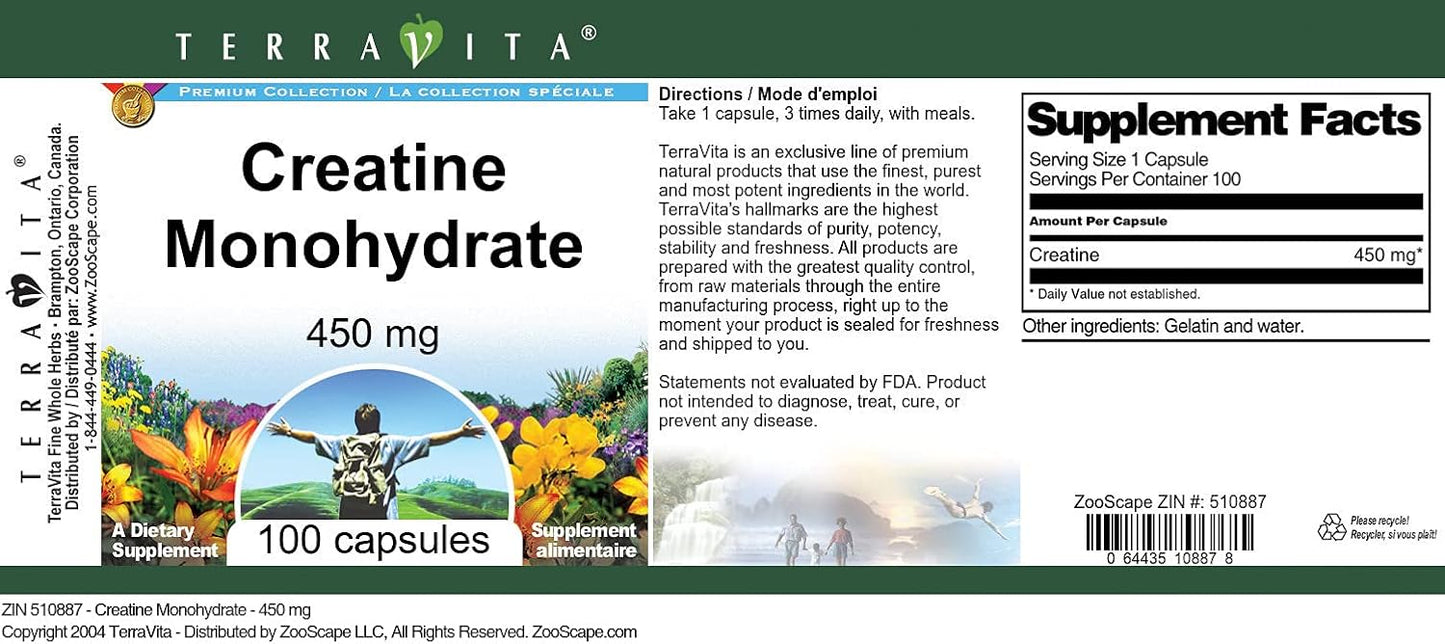 Terravita Creatine Monohydrate 450mg Capsules - 100 Count (ZIN 510887)
