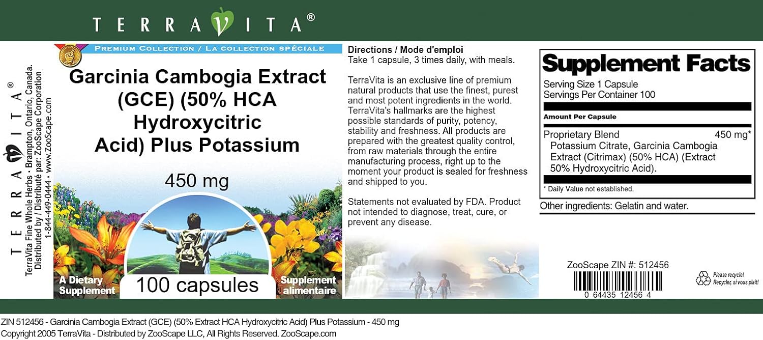 Terravita Garcinia Cambogia Extract with 50% HCA and Potassium - 450mg (100 Capsules) - 2 Pack