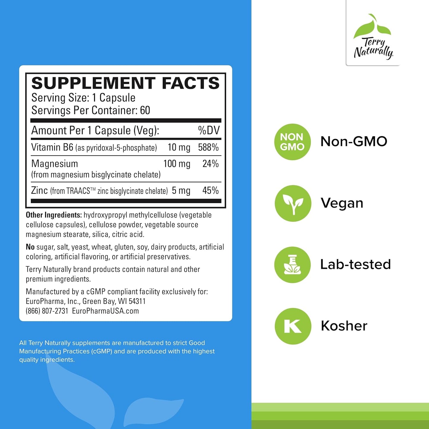 Terry Naturally BioActive Magnesium Complex Capsules - 60 Servings with Vitamin B6 & Zinc - Non-GMO, Vegan, Gluten Free, Kosher