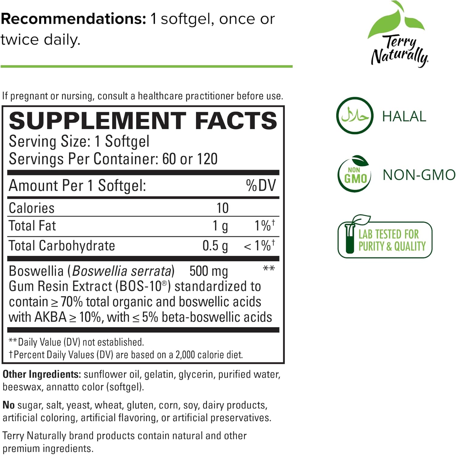 Terry Naturally BosMed 500 Extra Strength Softgels - Advanced Boswellia Supplement - Healthy Inflammation Support - Non-GMO, Halal, Gluten-Free - 120 Servings