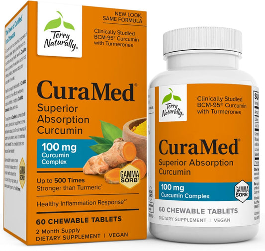Terry Naturally CuraMed 100mg Curcumin Complex Chewables for Brain & Liver Health - Enhanced Absorption Turmeric Supplement - Vegan - 60 Tablets