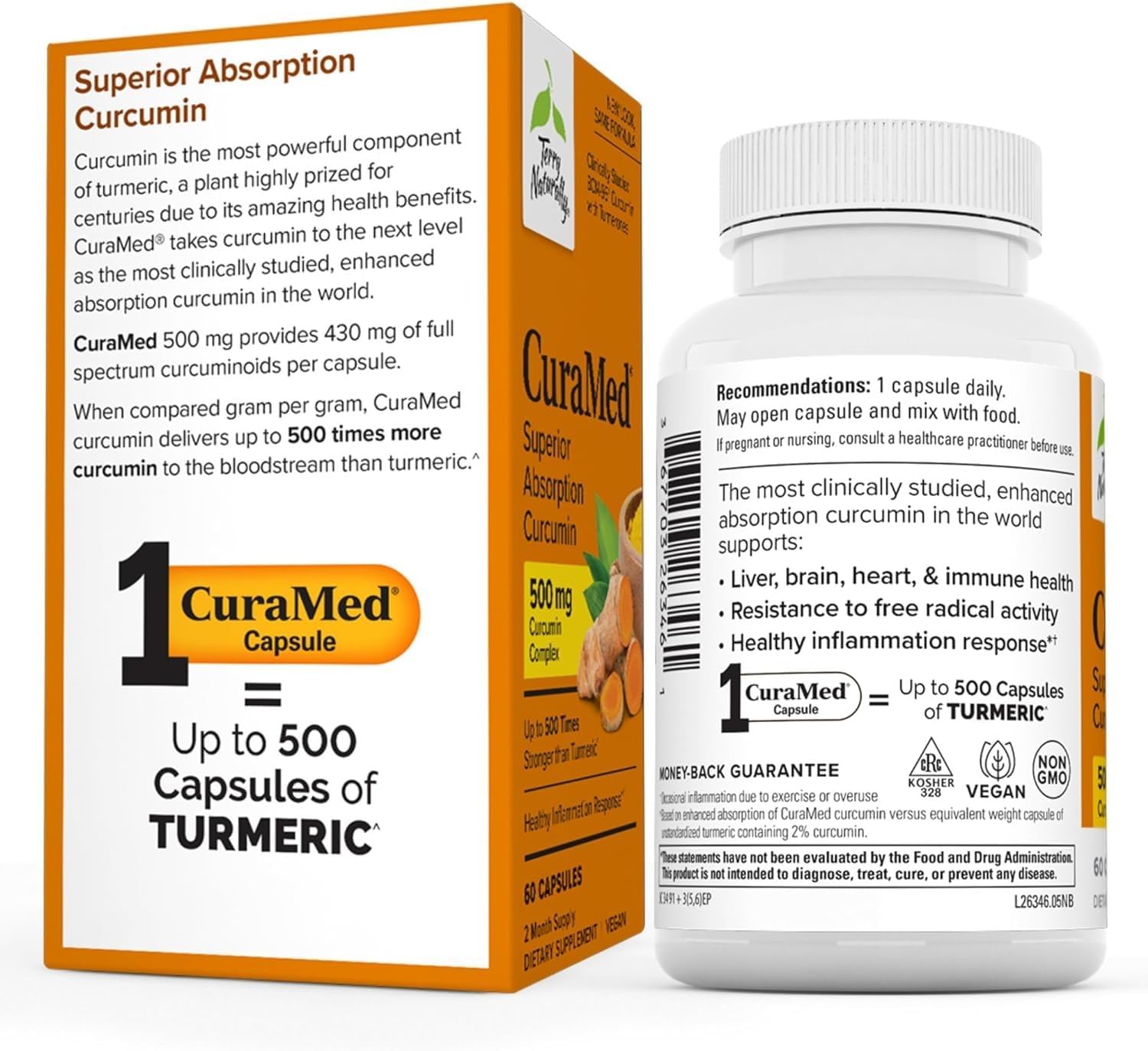 Terry Naturally CuraMed 500mg Curcumin Complex Capsules x2 - BCM-95 for Superior Absorption - Non-GMO, Vegan, Kosher, Gluten Free - 120 Servings