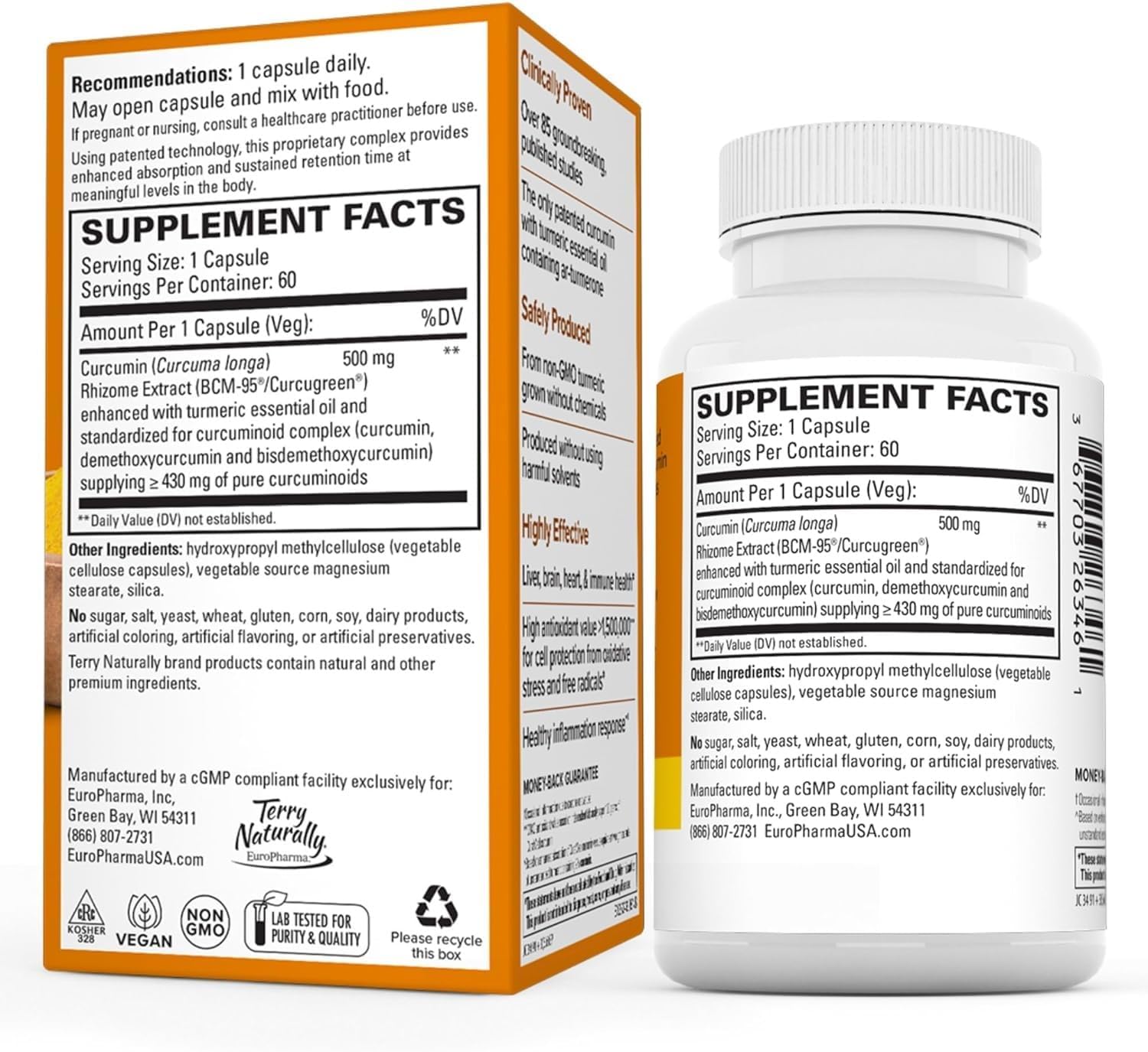 Terry Naturally CuraMed 500mg Curcumin Complex Capsules x2 - BCM-95 for Superior Absorption - Non-GMO, Vegan, Kosher, Gluten Free - 120 Servings