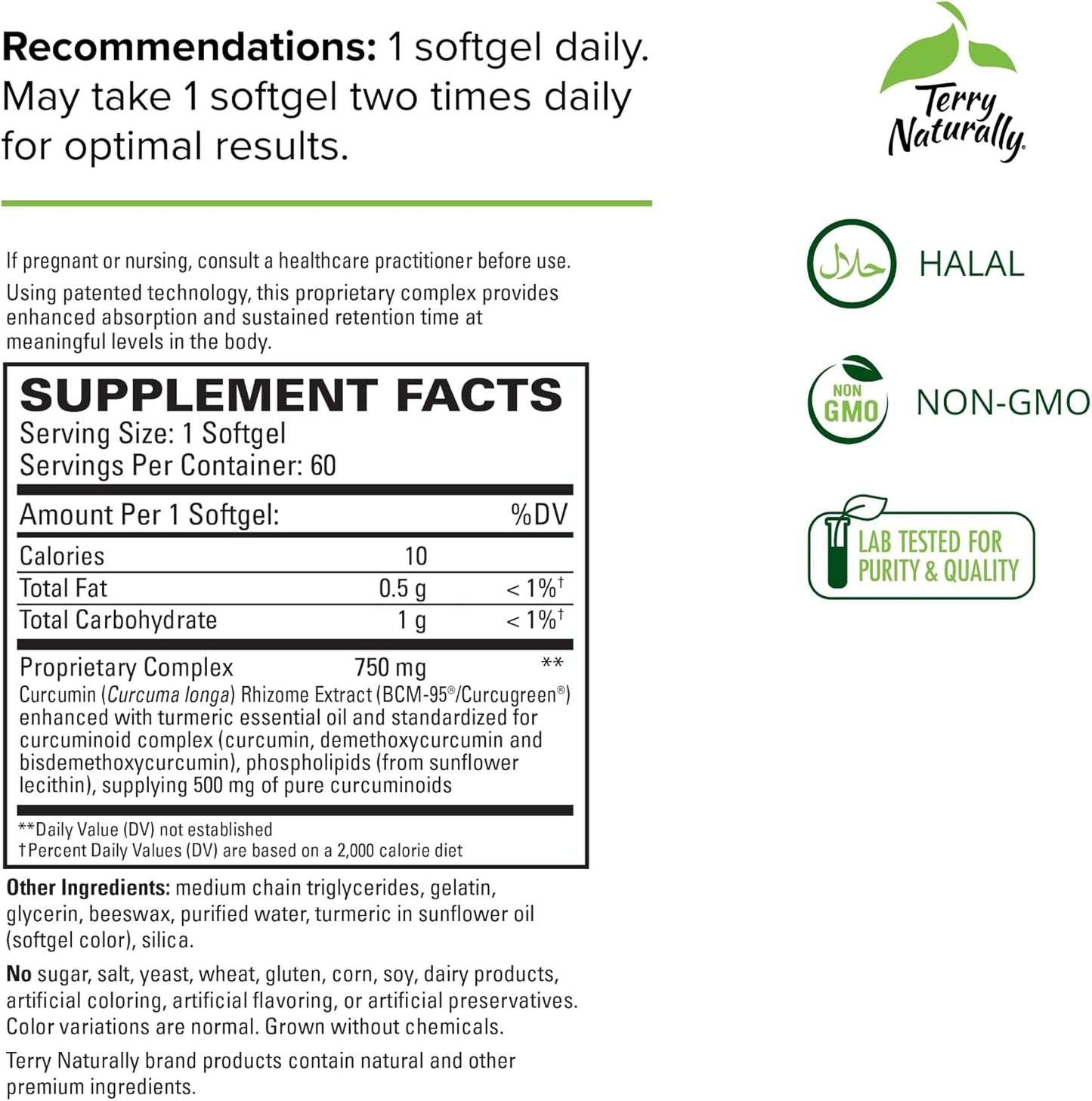Terry Naturally CuraMed 750mg Curcumin Complex Softgels - Pack of 2, 60 Count - Enhanced Absorption BCM-95 - Non-GMO, Gluten Free, Halal - 120 Servings Total