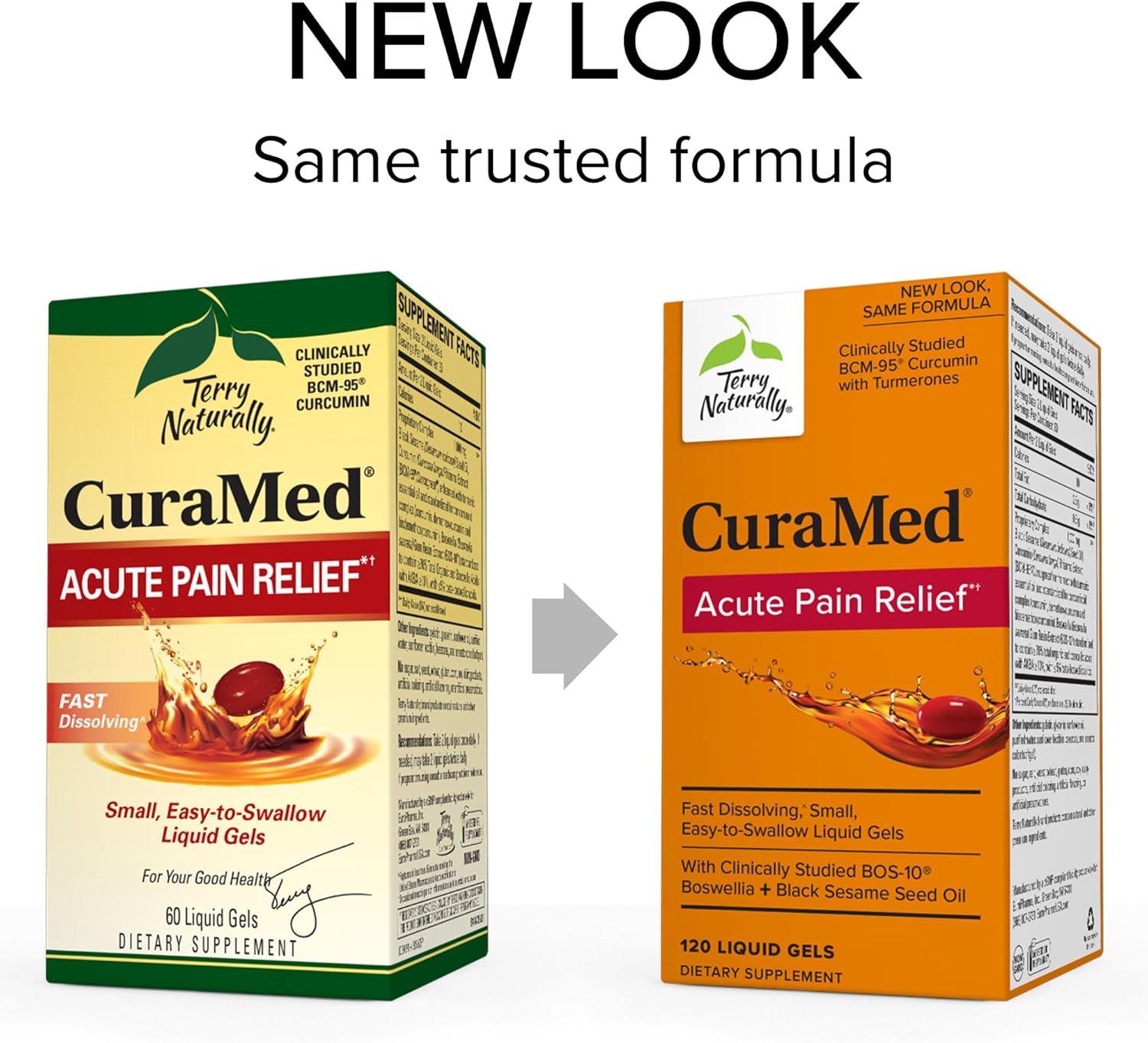 Terry Naturally CuraMed Acute Pain Relief Liquid Gels - BCM-95 Curcumin & BOS-10 Boswellia Supplement - Black Sesame Seed Oil for Occasional Discomfort - 240 Capsules