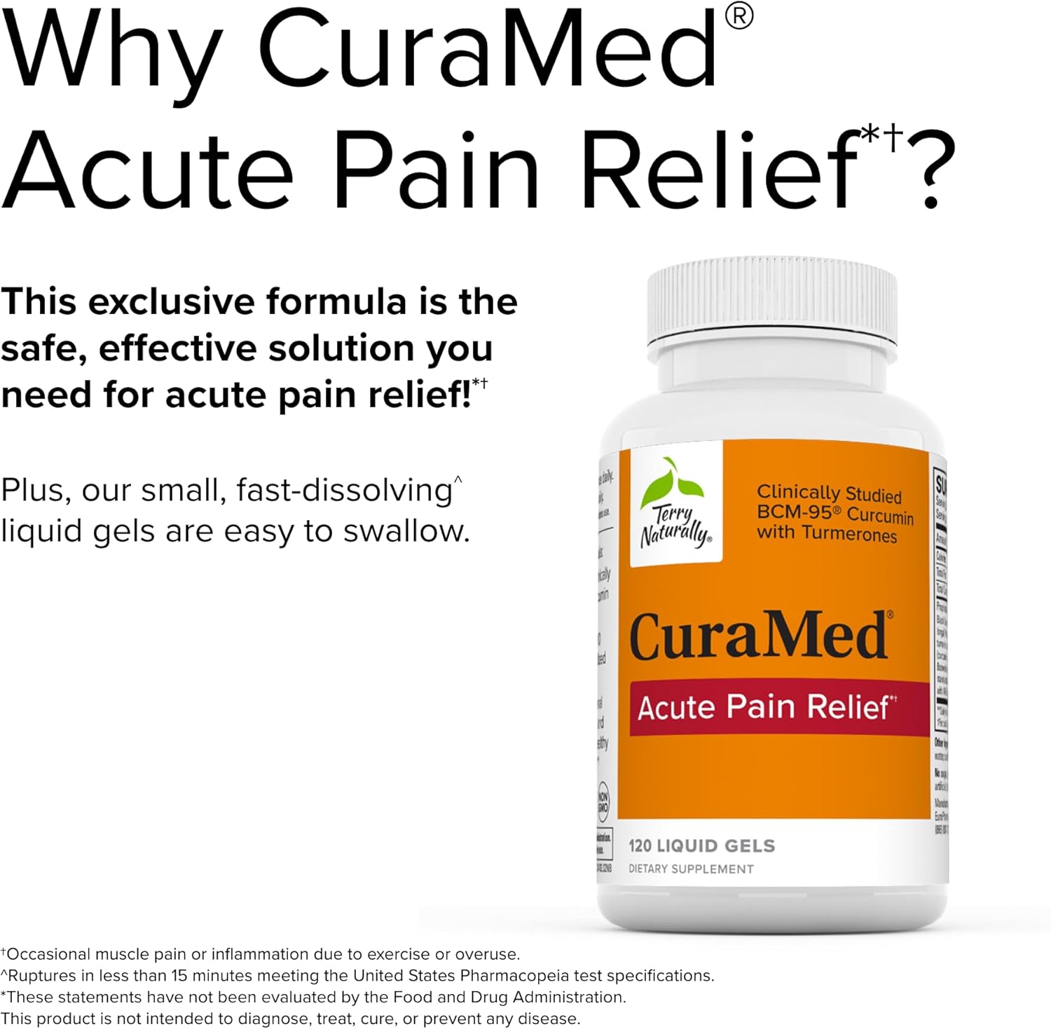 Terry Naturally CuraMed Acute Pain Relief Liquid Gels - BCM-95 Curcumin & BOS-10 Boswellia Supplement - Black Sesame Seed Oil for Occasional Discomfort - 240 Capsules
