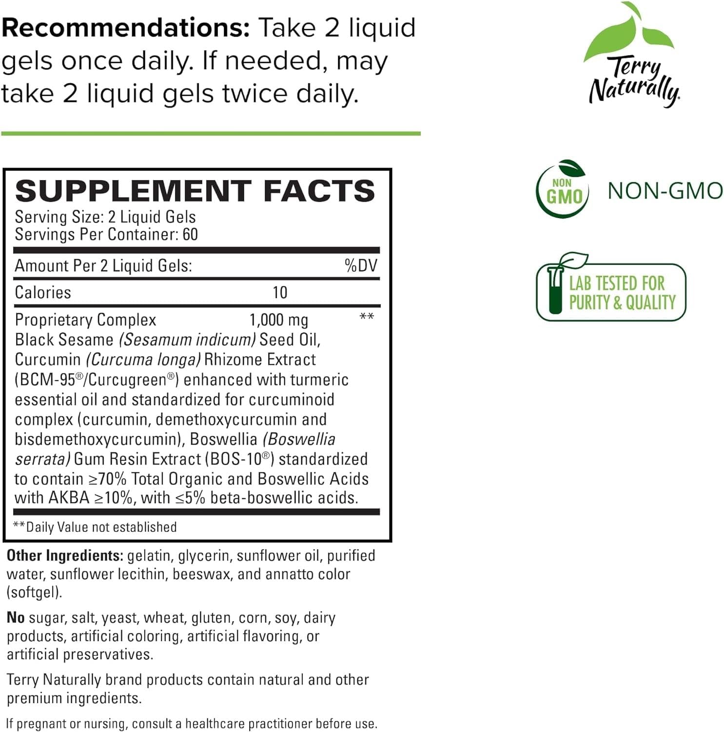 Terry Naturally CuraMed Acute Relief Liquid Gels - 120 Softgels - BCM-95 Curcumin, BOS-10 Boswellia & Black Sesame Seed Oil - Non-GMO - 60 Servings