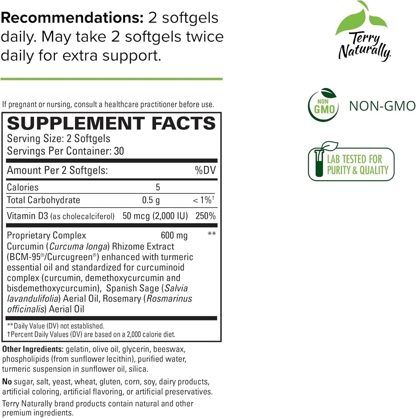 Terry Naturally CuraMed Brain Softgels - 60 Count with BCM-95 Curcumin, Vitamin D3, Rosemary & Sage - Non-GMO, Gluten Free - 30 Servings