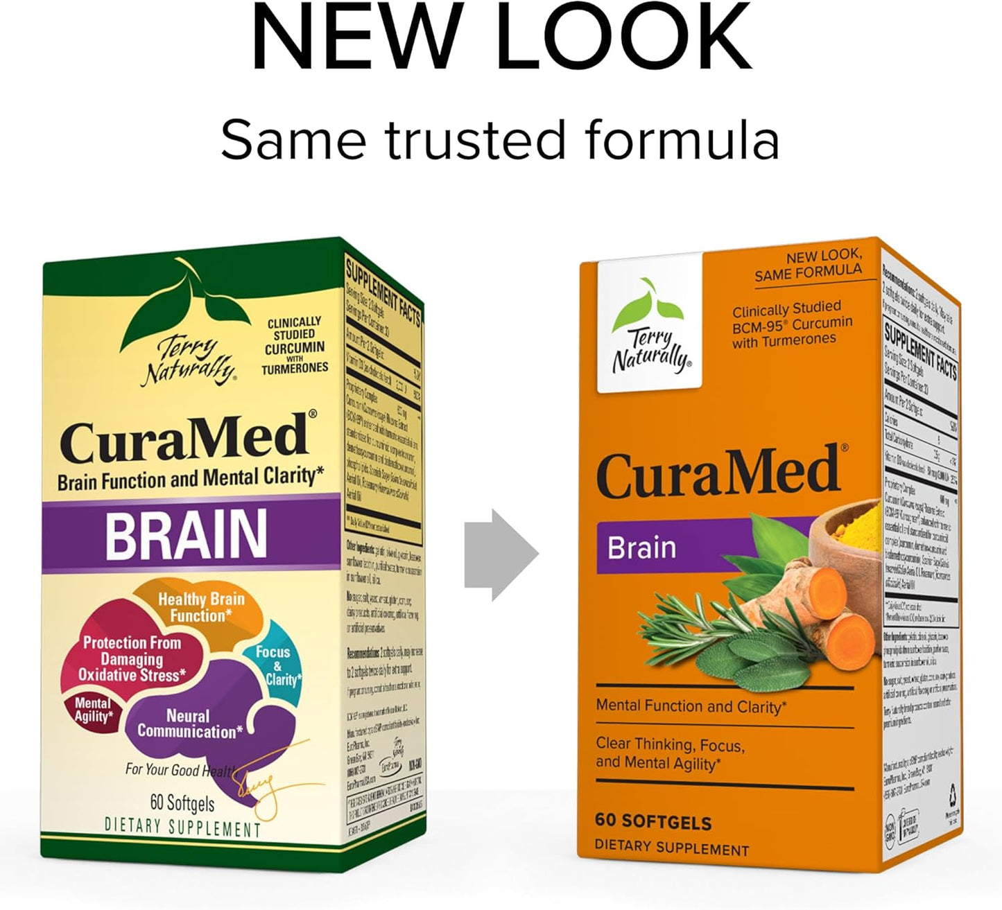 Terry Naturally CuraMed Brain Softgels - 60 Count with BCM-95 Curcumin, Vitamin D3, Rosemary & Sage - Non-GMO, Gluten Free - 30 Servings