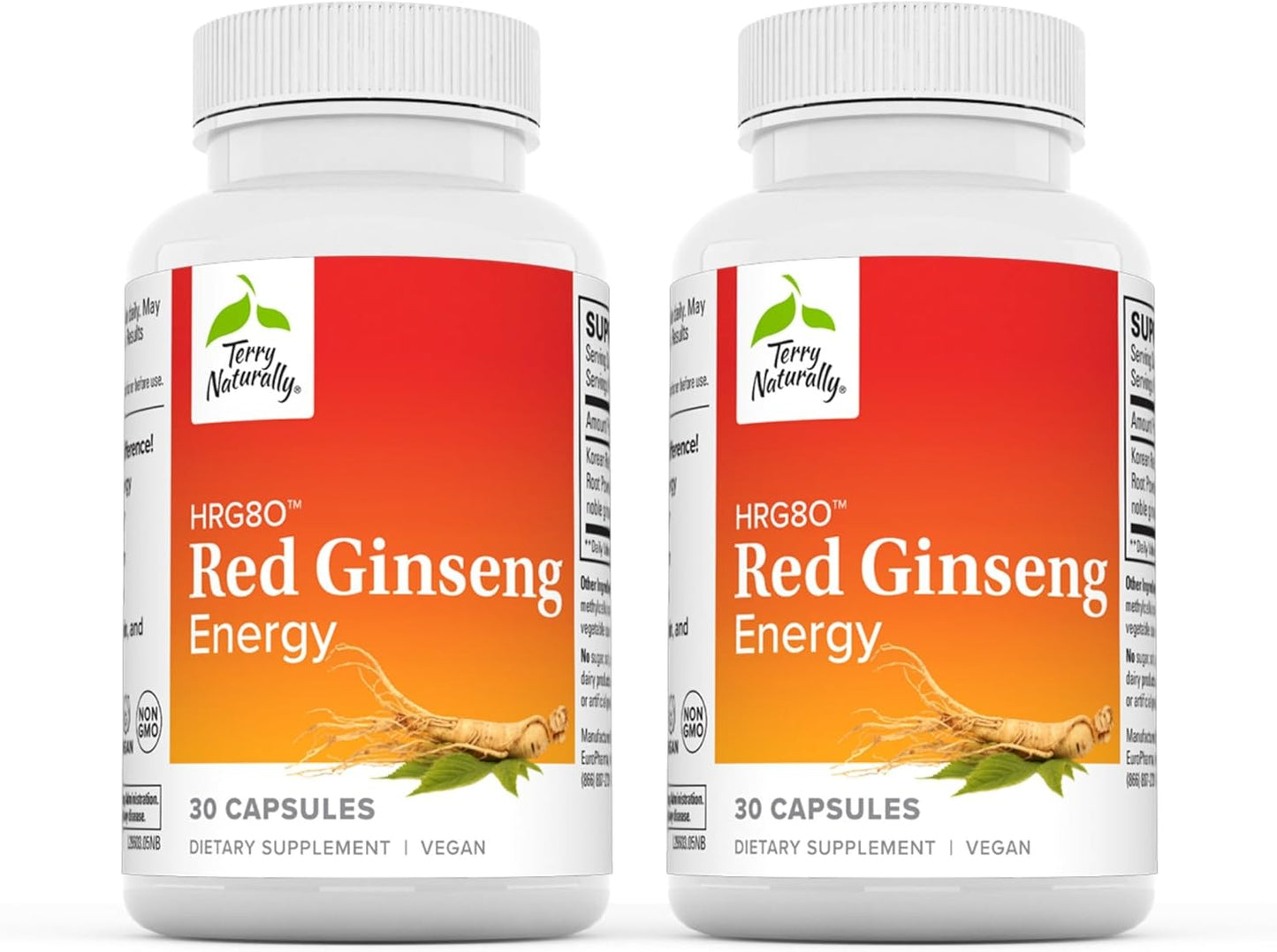 Terry Naturally HRG80 Red Ginseng Energy Capsules - 60 Servings, Pack of 2 - Non-GMO, Vegan, Gluten Free - Red Ginseng Root & Panax Ginseng