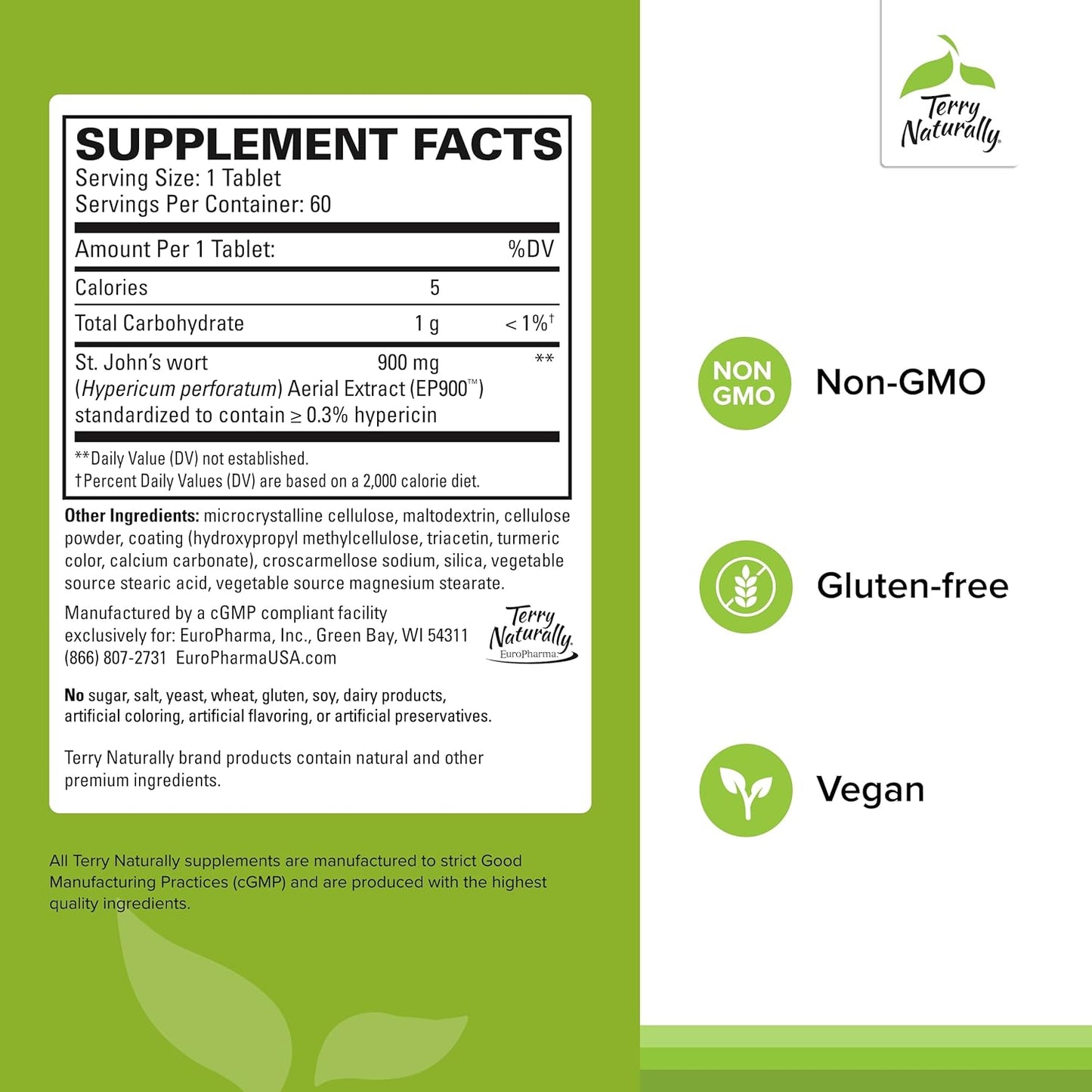 Terry Naturally St. John’s Wort 900 mg Tablets - Non-GMO, Vegan, Gluten Free - 60 Servings
