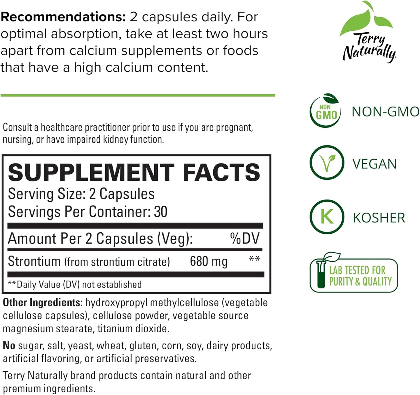 Terry Naturally Strontium Citrate Supplement - Vegan Capsules for Bone Health - 120 Capsules Total - Superior Absorption Formula