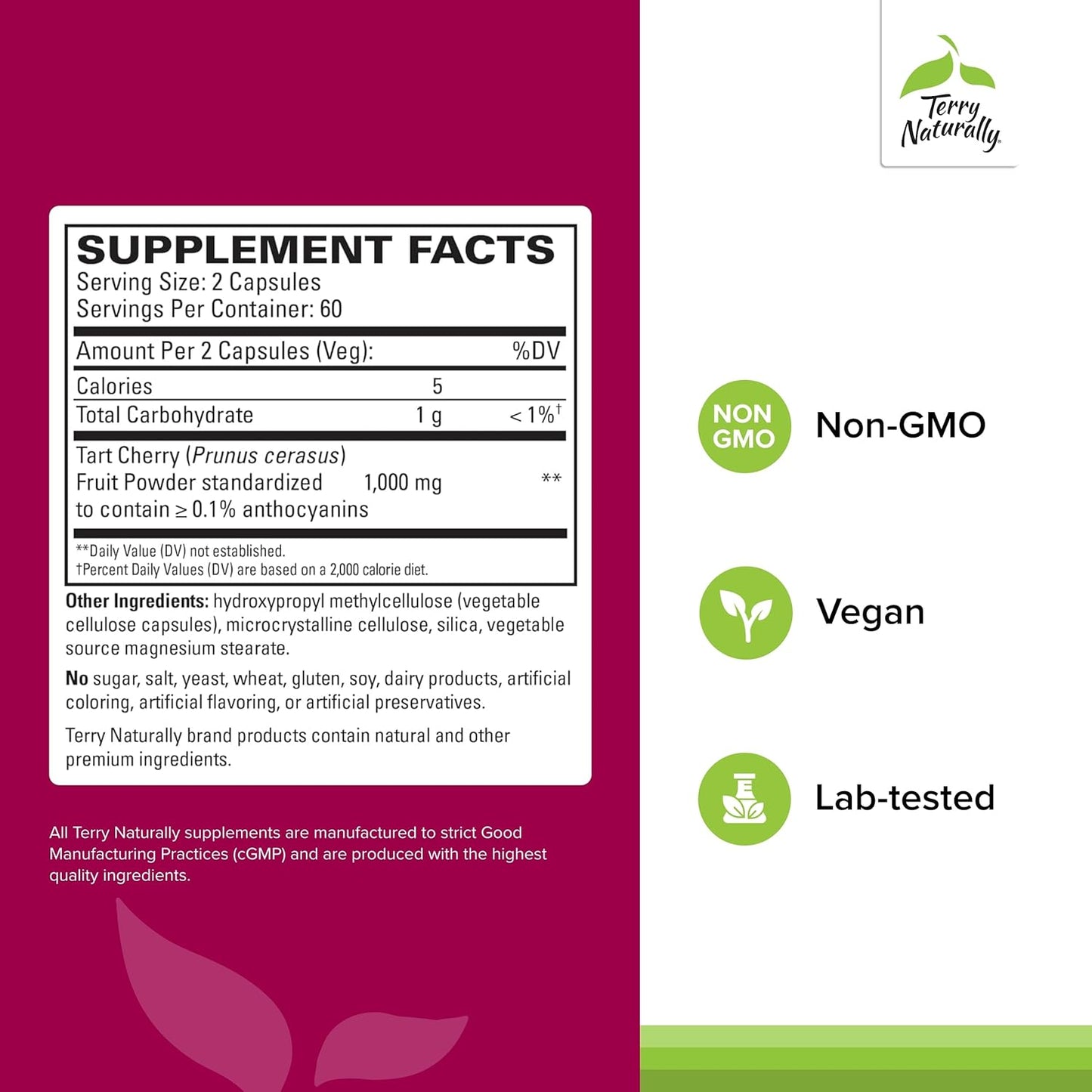 Terry Naturally Tart Cherry Capsules - Antioxidant Support for Healthy Uric Acid Balance & Joints - Dietary Supplement for Exercise Recovery - 120 Ct