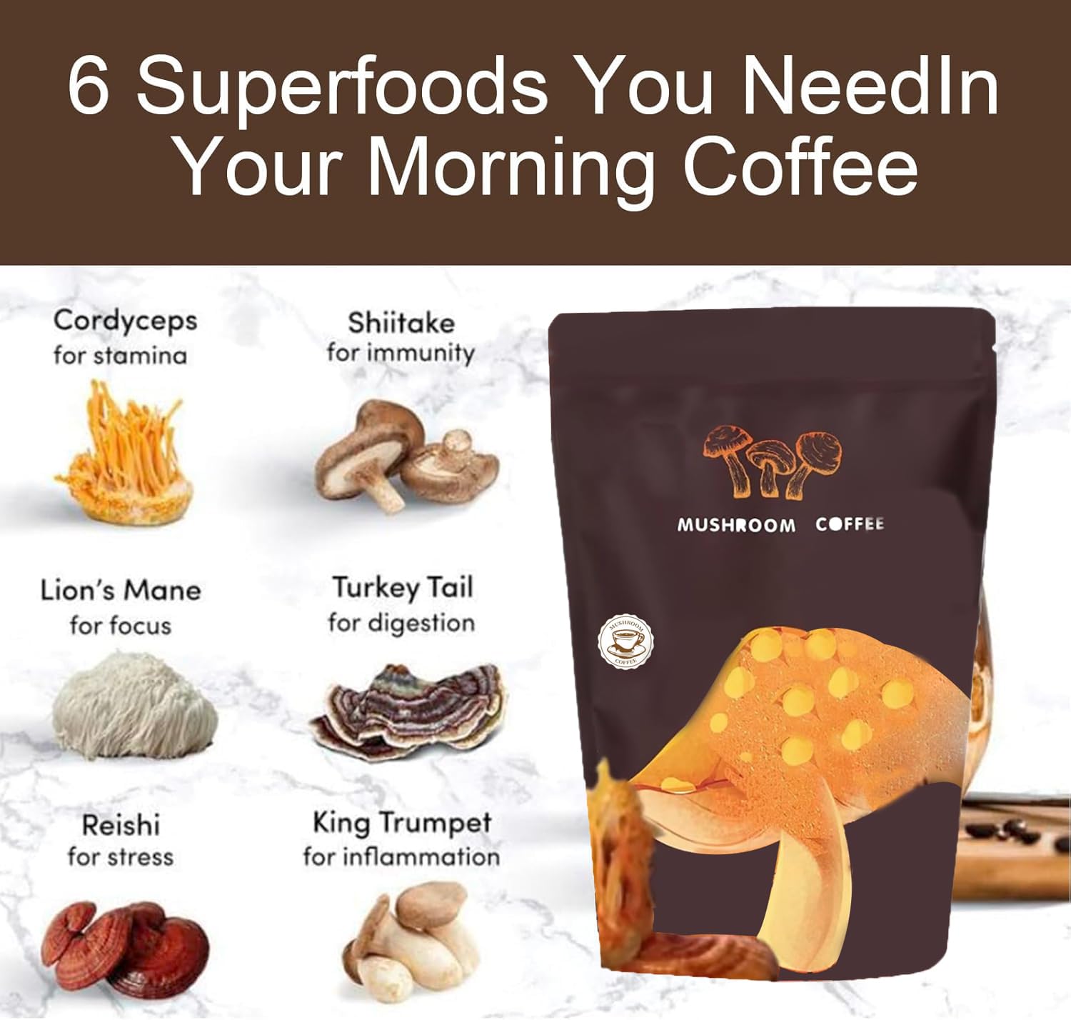 Tetedeer Mushroom Coffee Blend - Supports Focus, Digestion, Immunity | Cordyceps, Lion’s Mane, Shiitake, Reishi, Turkey Tail - 30 Servings