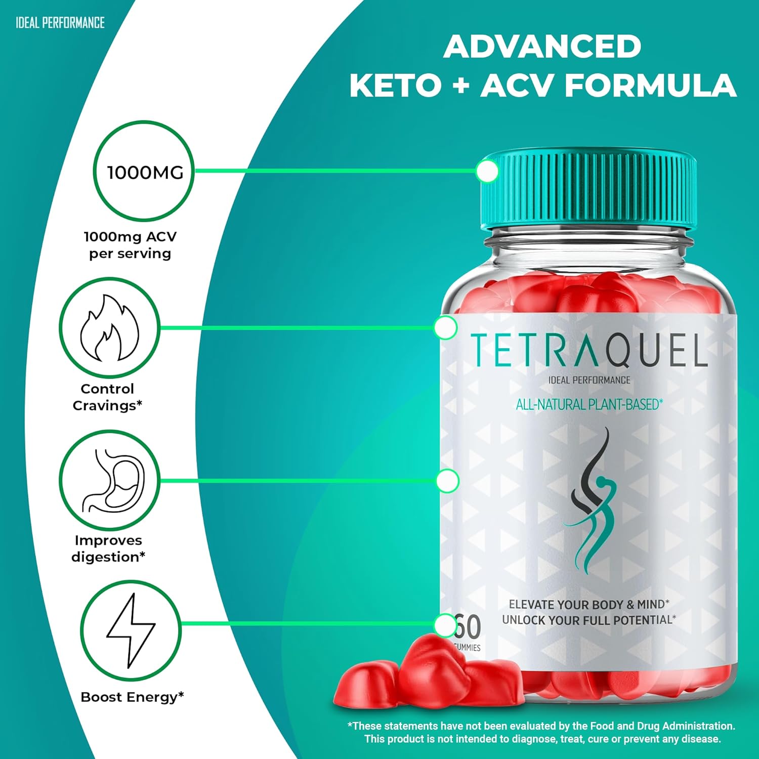 Tetraquel Keto ACV Gummies - Maximum Strength Supplement with All Natural Formula (60 Gummies)